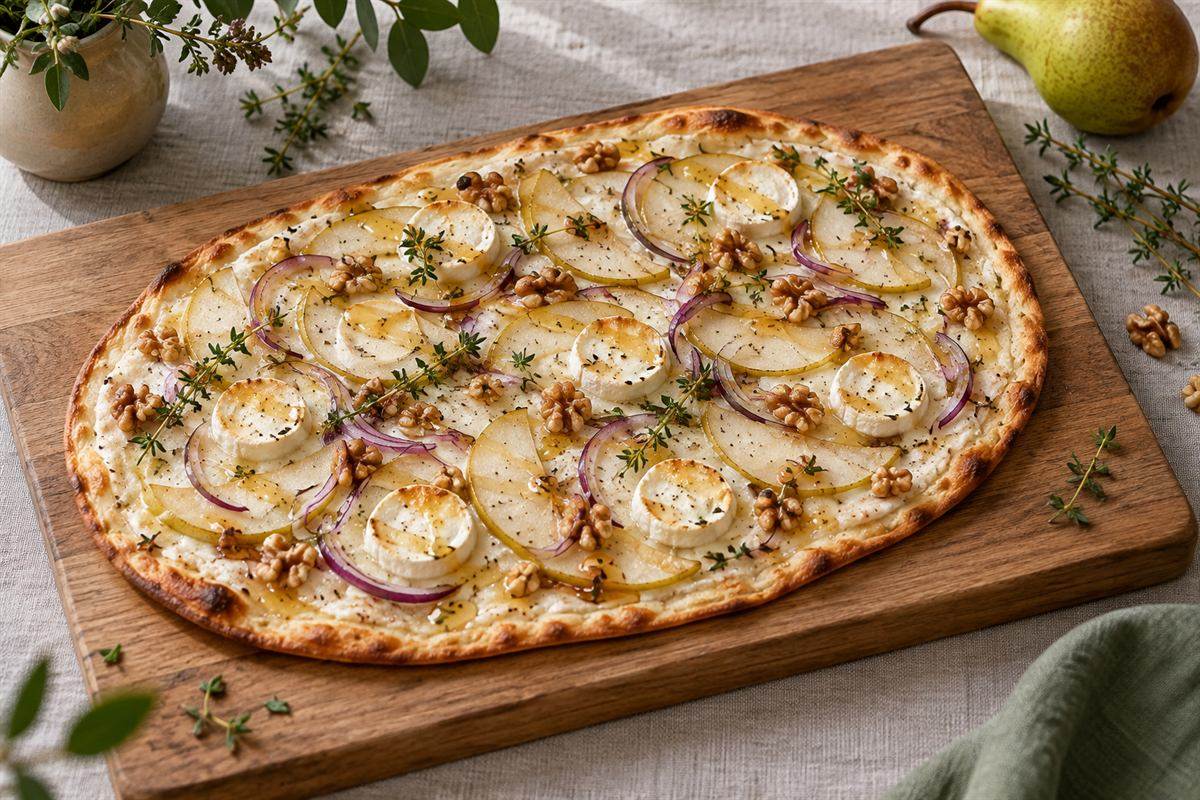 Flammkuchen mit Birne und Ziegenkäse, Walnüssen und Thymian