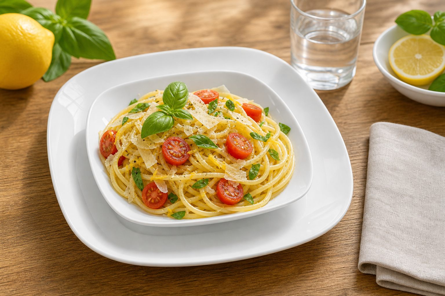 Sommerpasta mit Zitrone und Basilikum in weißem Bilgola Porzellan