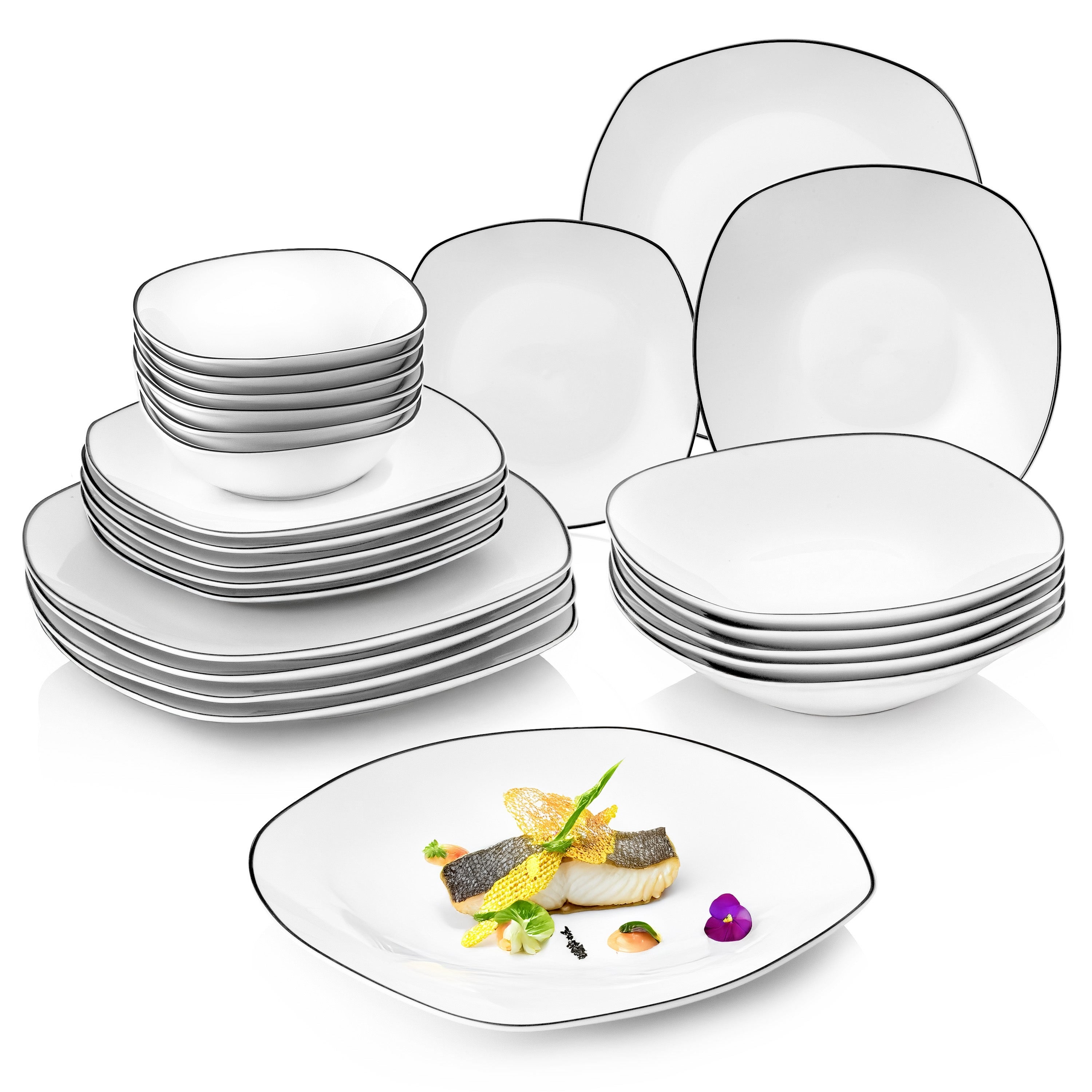 SÄNGER Porzellan Geschirrset Bilgola Black Rim, Tafelservice 24 teilig für 6 Personen