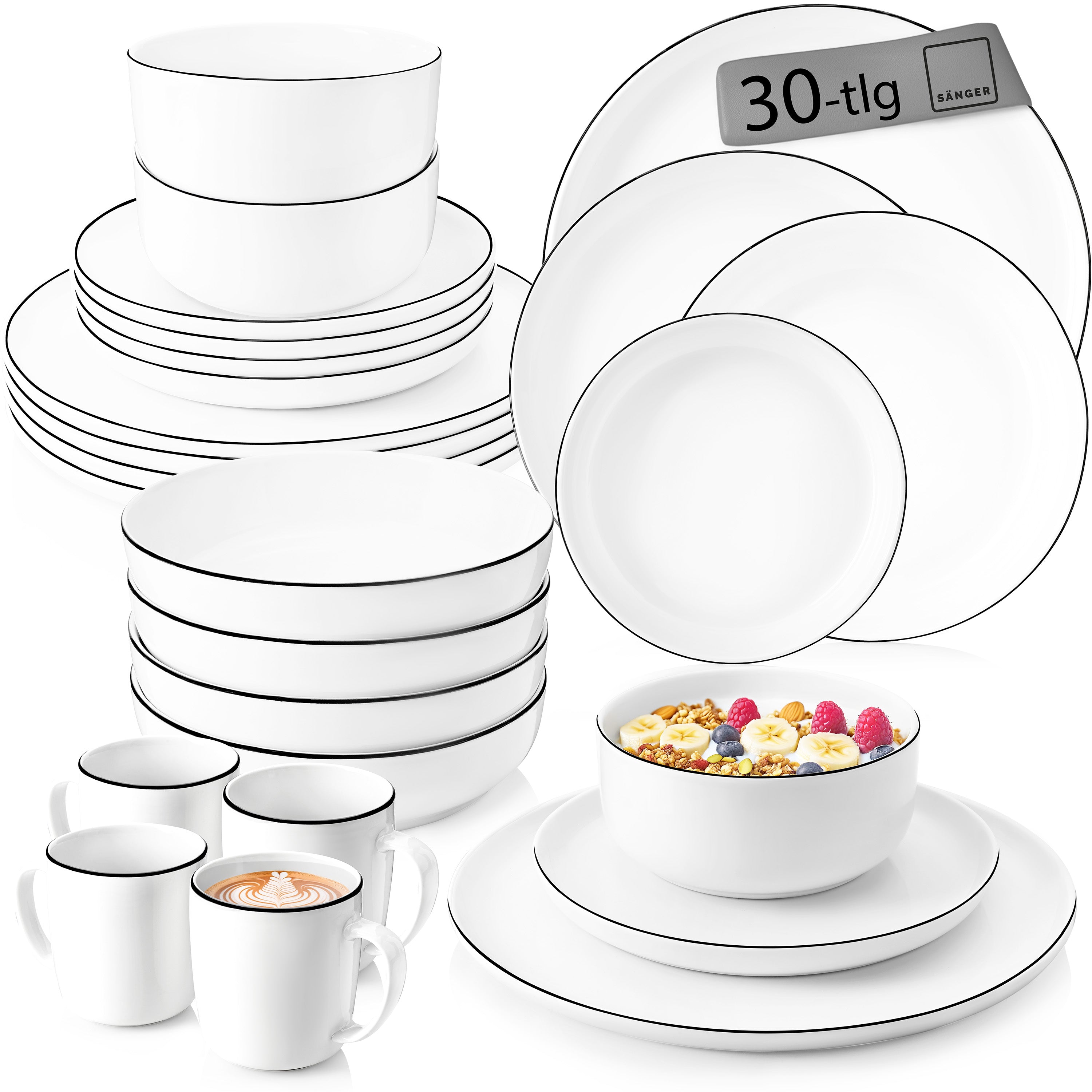 SÄNGER Porzellan Geschirrset Marlo Black Rim 30-teilig für 6 Personen