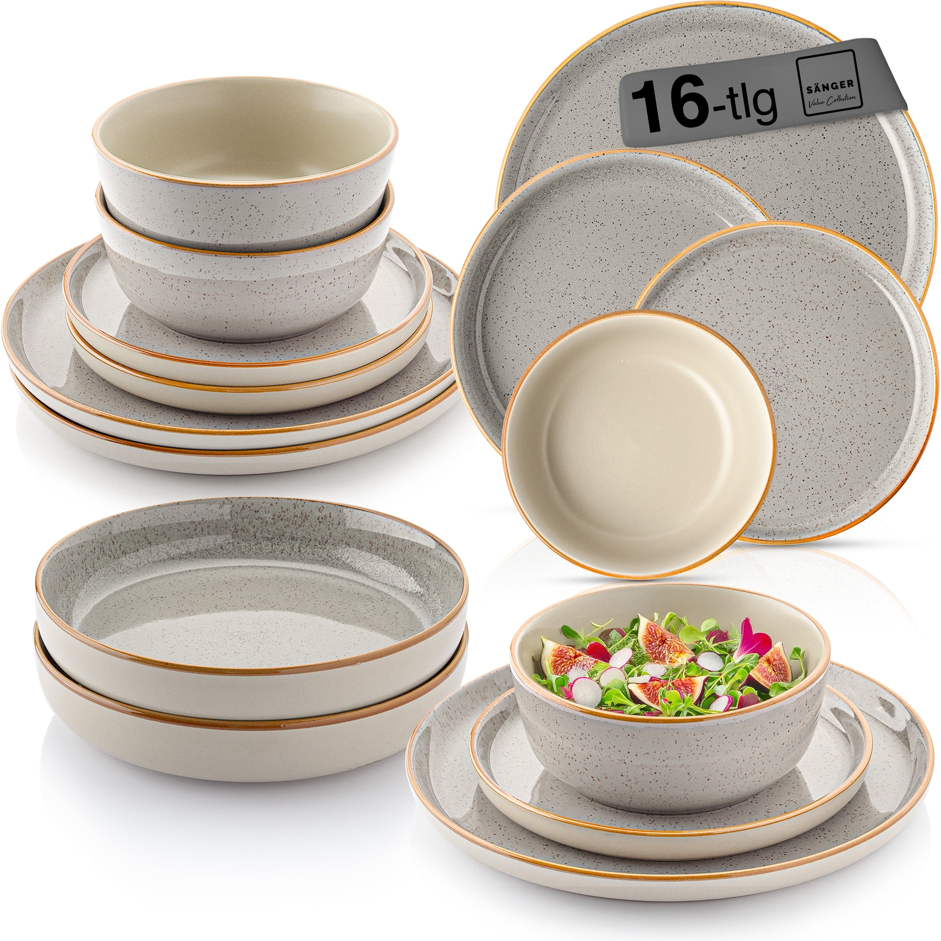 SÄNGER Steingut Geschirrset Rio Perlgrau, Tafelservice 16 teilig für 4 Personen