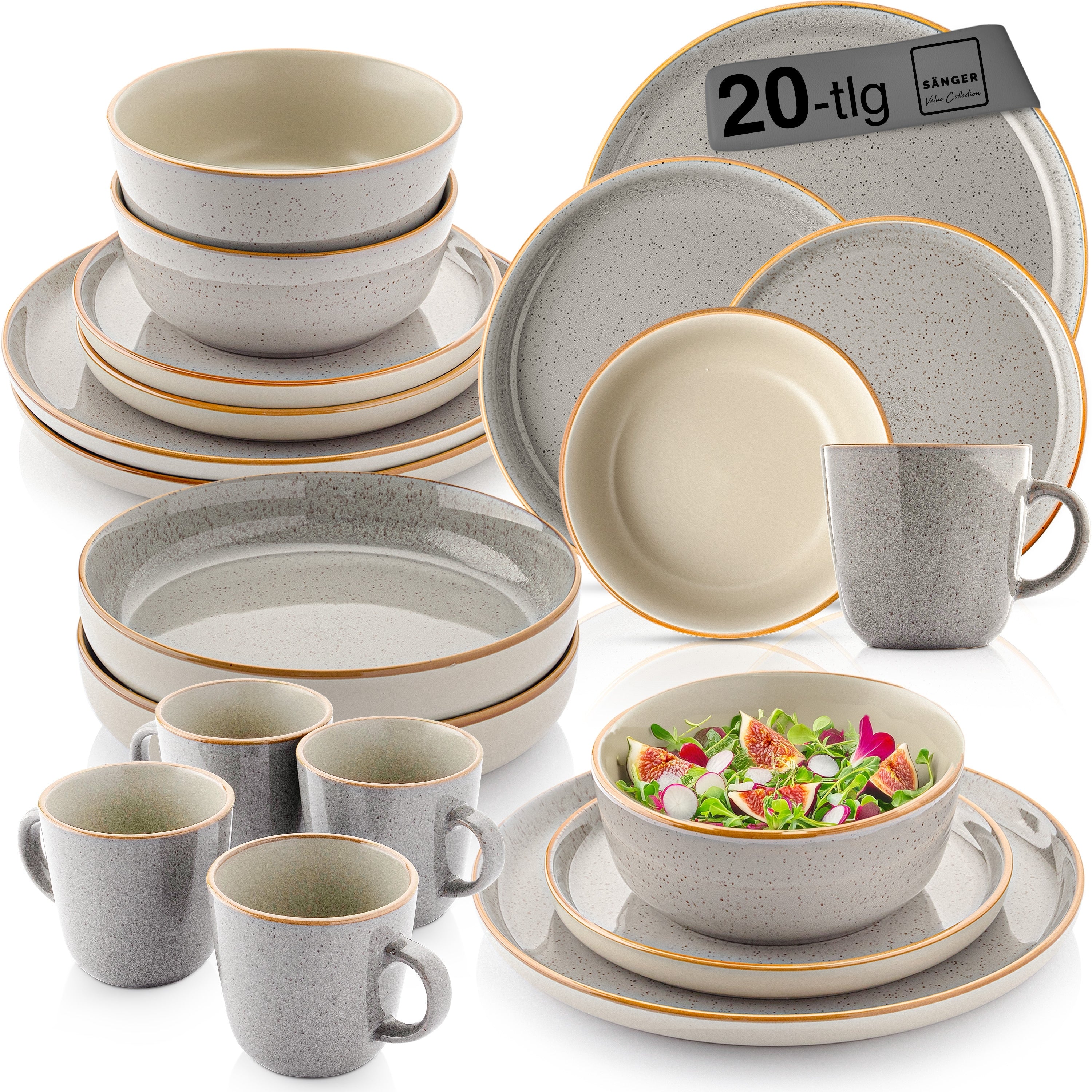 SÄNGER Steingut Geschirrset Rio Perlgrau, Kombiservice 20 teilig für 4 Personen