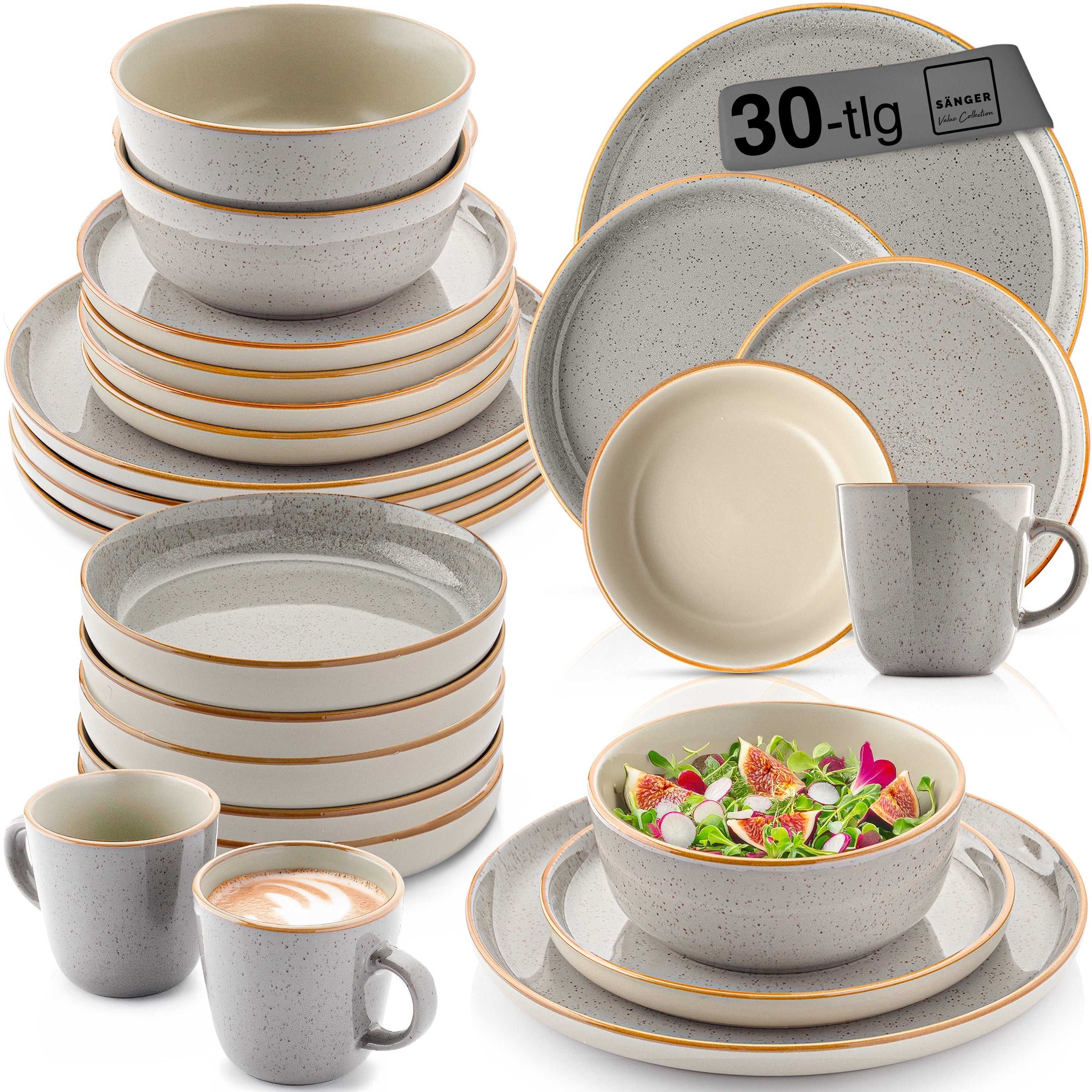 SÄNGER Steingut Geschirrset Rio Perlgrau, Kombiservice 30 teilig für 6 Personen