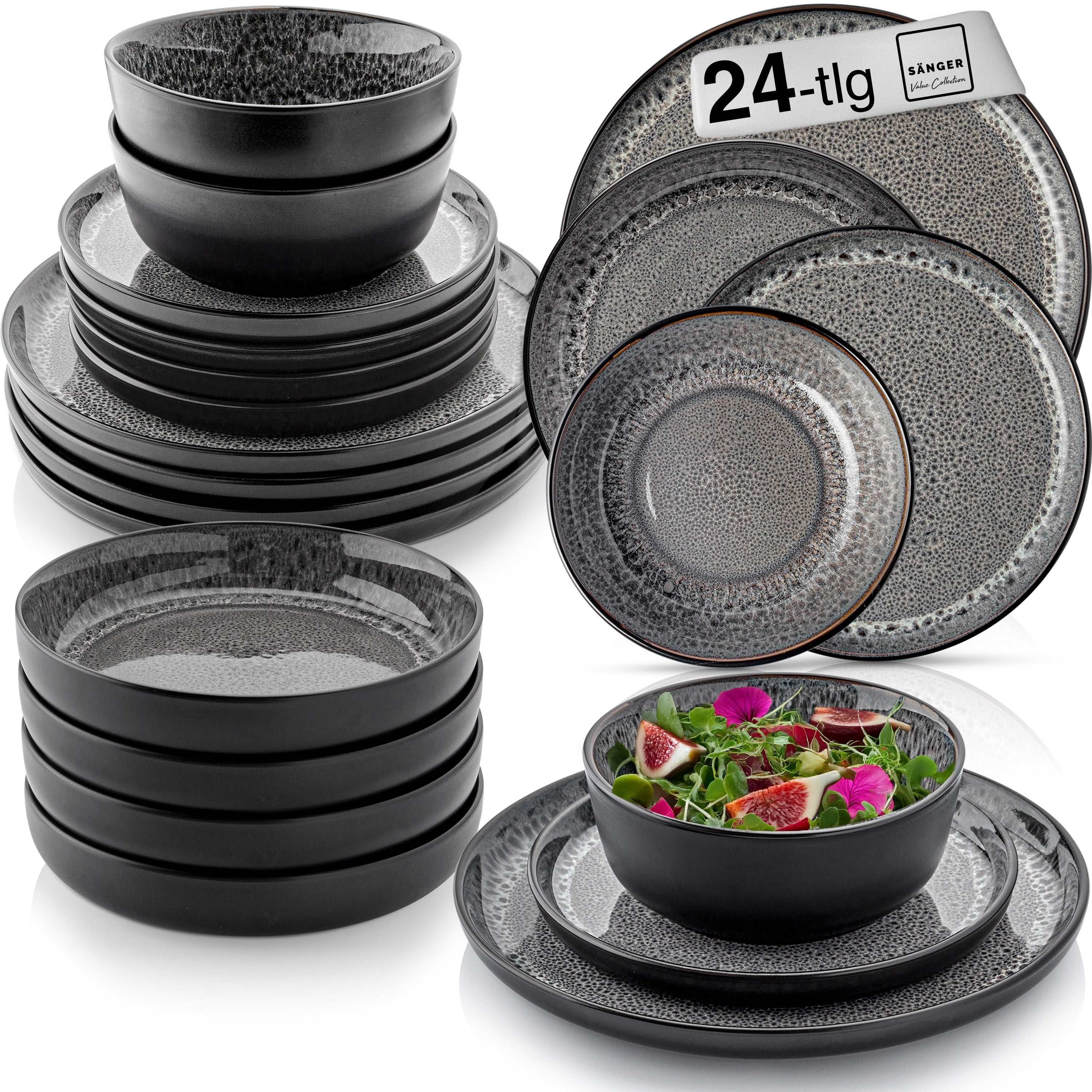 SÄNGER Steingut Geschirrset Sydney, Tafelservice 24 teilig für 6 Personen