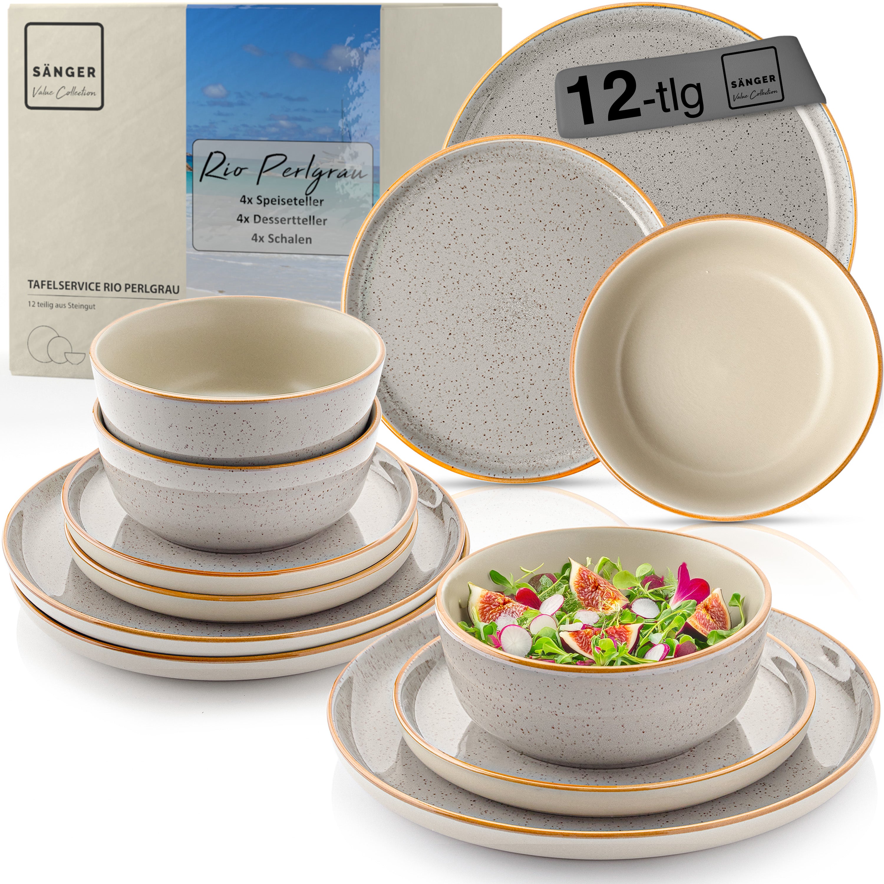 SÄNGER Steingut Geschirrset Rio Perlgrau, Tafelservice 12 teilig für 4 Personen