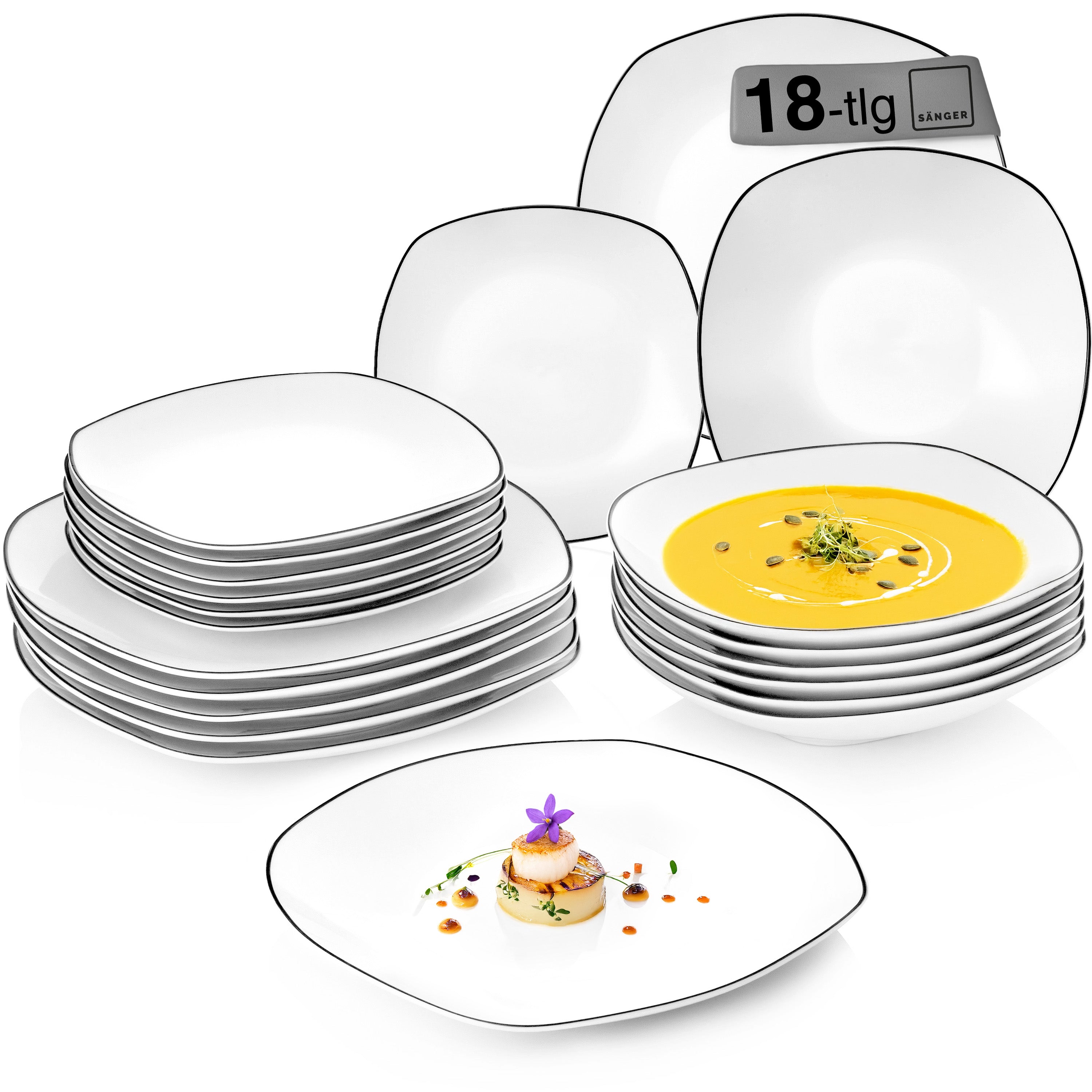 SÄNGER Porzellan Geschirrset Bilgola Black Rim 18 teilig für 6 Personen