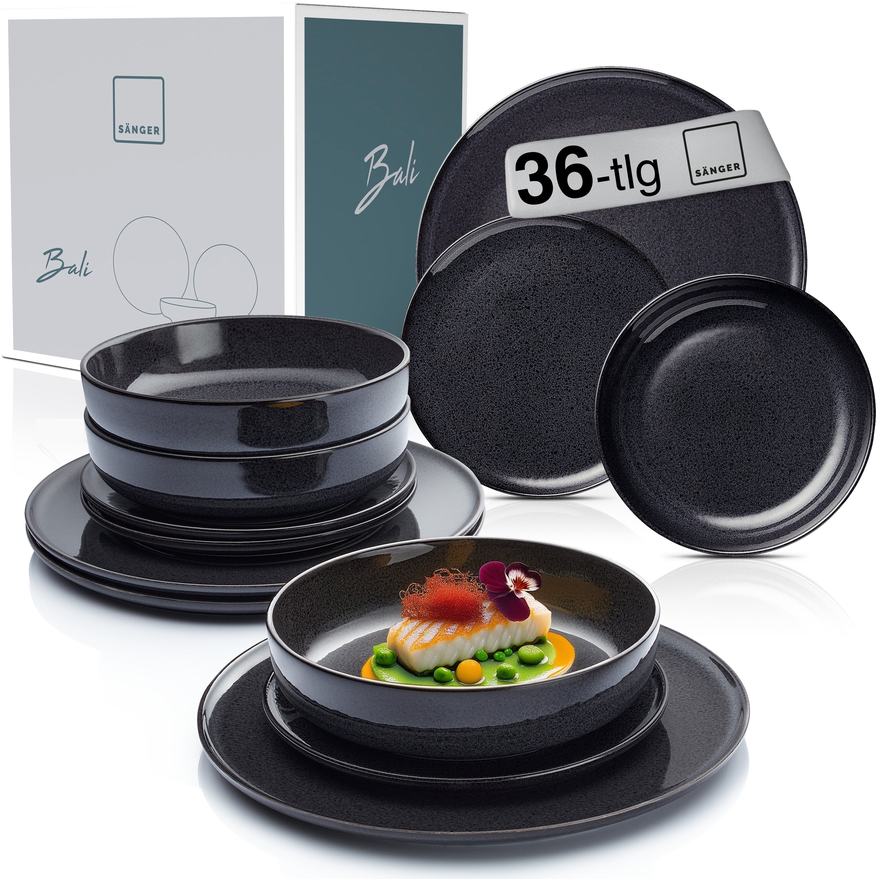SÄNGER Steingut Geschirrset Bali, Tafelservice 36 teilig für 12 Personen