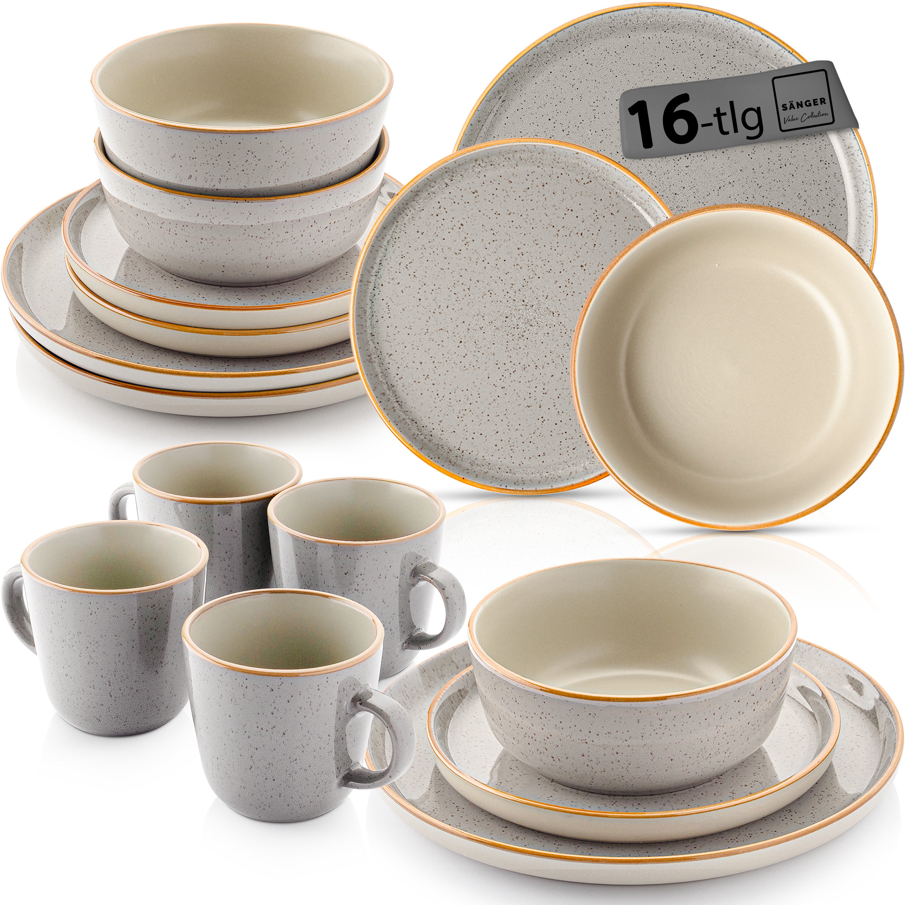 SÄNGER Steingut Geschirrset Rio Perlgrau, Kombiservice 16 teilig für 4 Personen