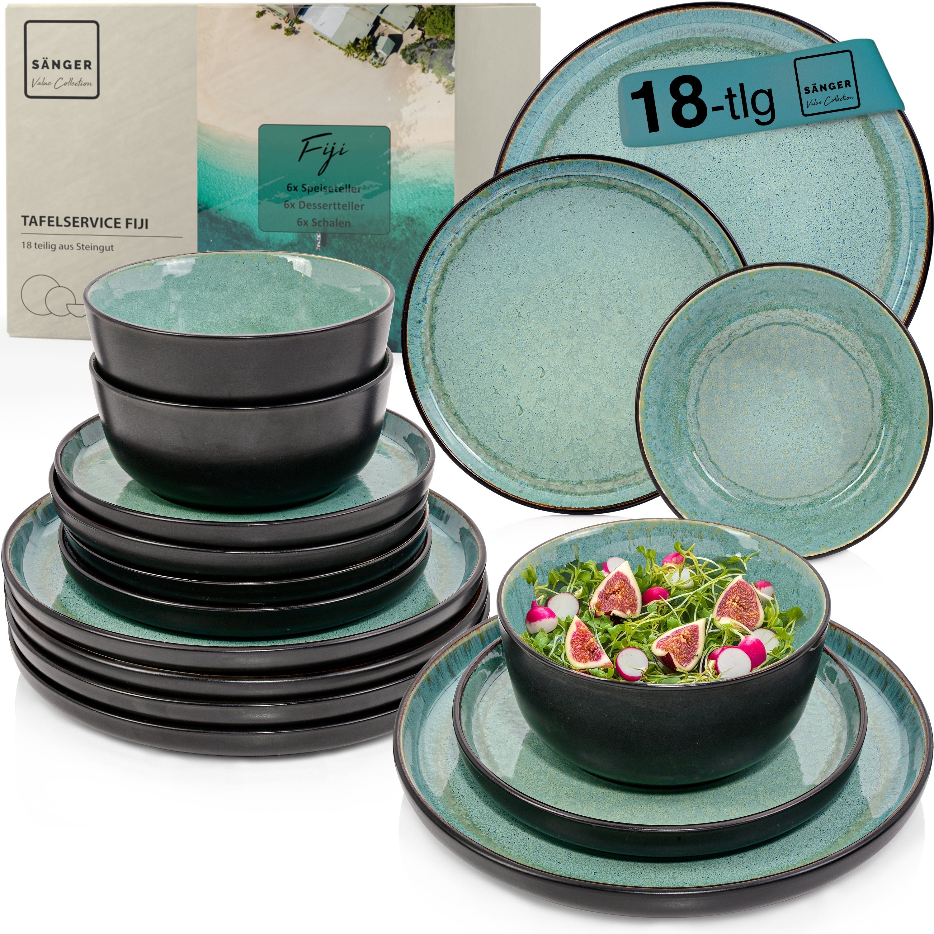 SÄNGER Steingut Geschirrset Fiji, Tafelservice 18 teilig für 6 Personen