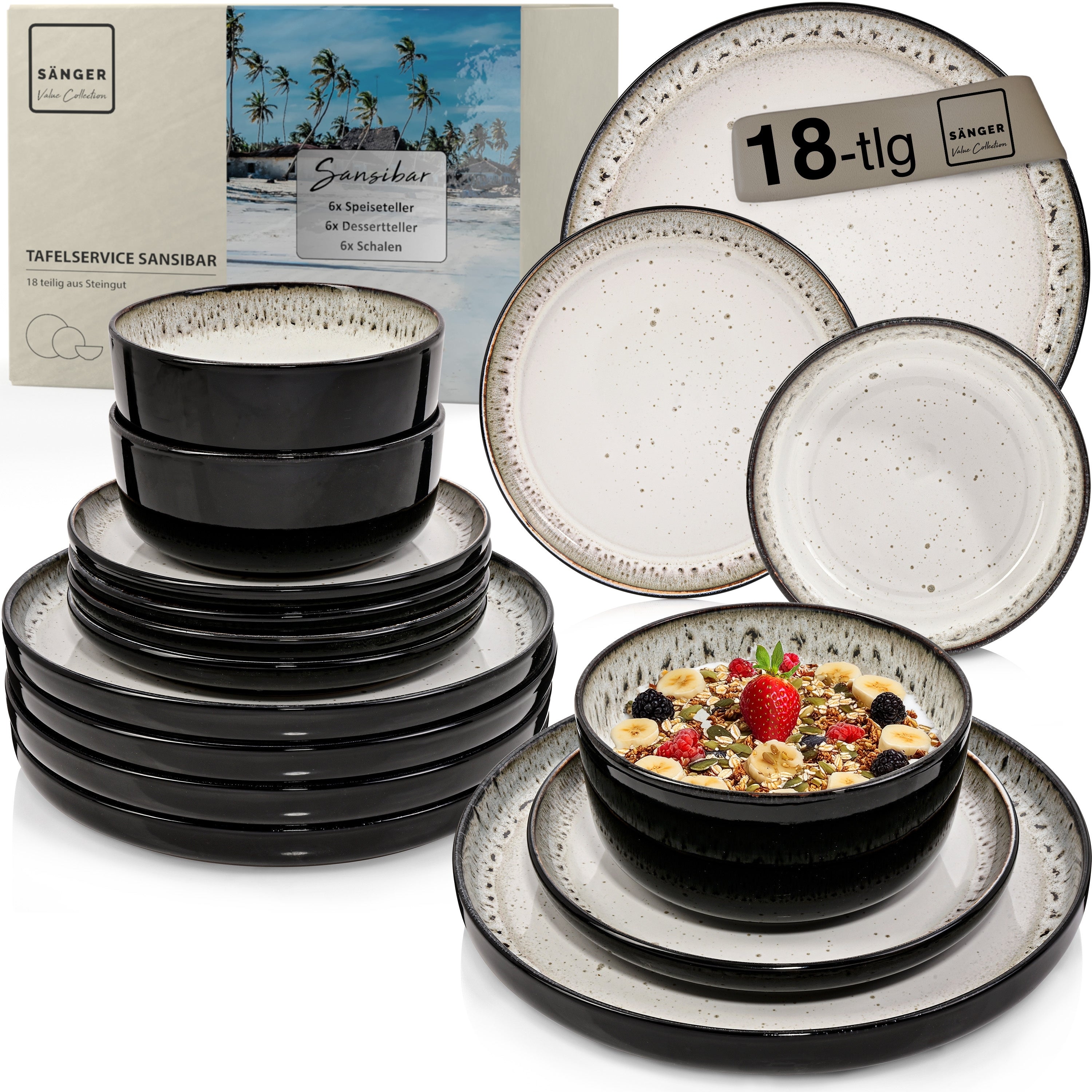 SÄNGER Steingut Geschirrset Sansibar, Tafelservice 18 teilig für 6 Personen