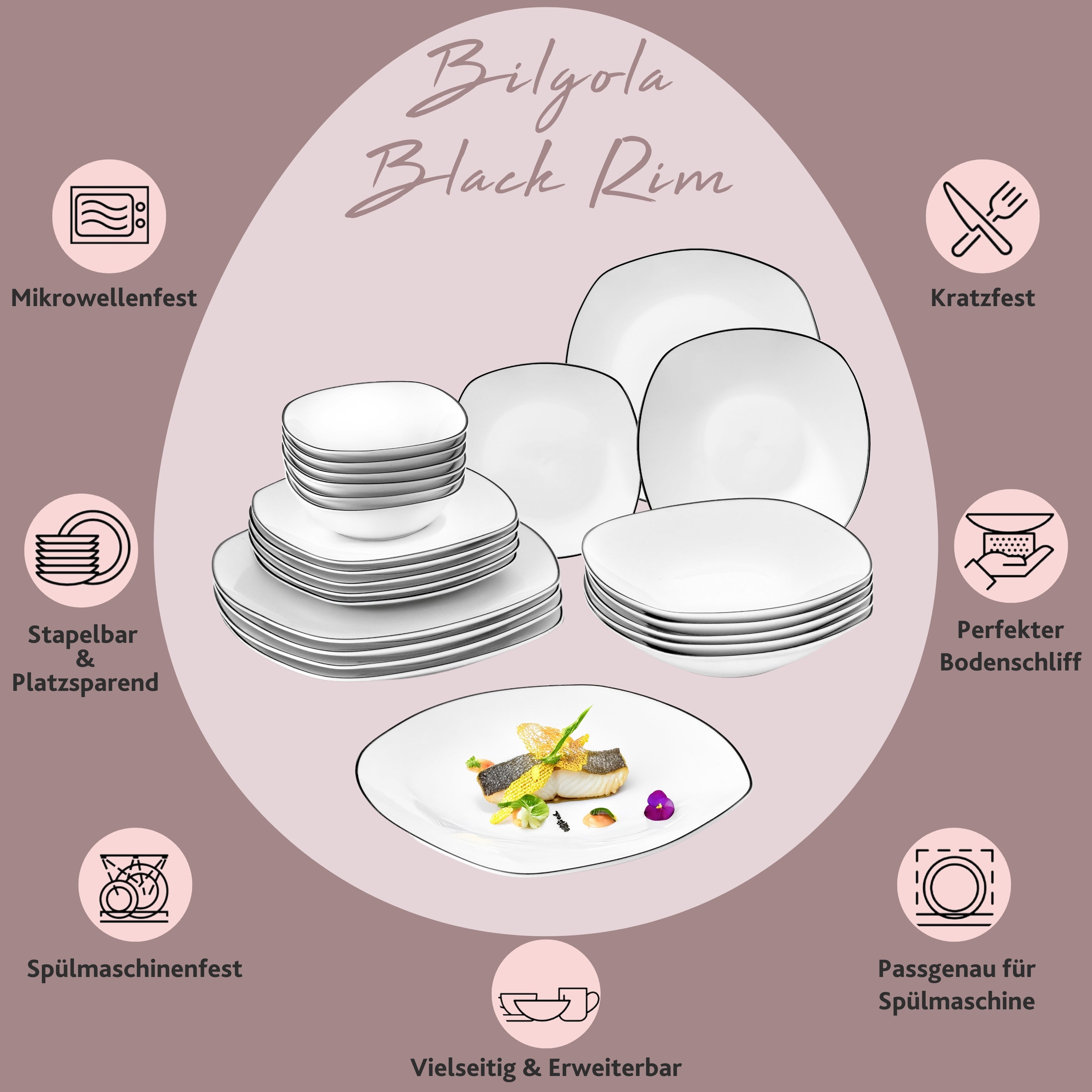 SÄNGER Porzellan Geschirrset Bilgola Black Rim, Tafelservice 24 teilig für 6 Personen