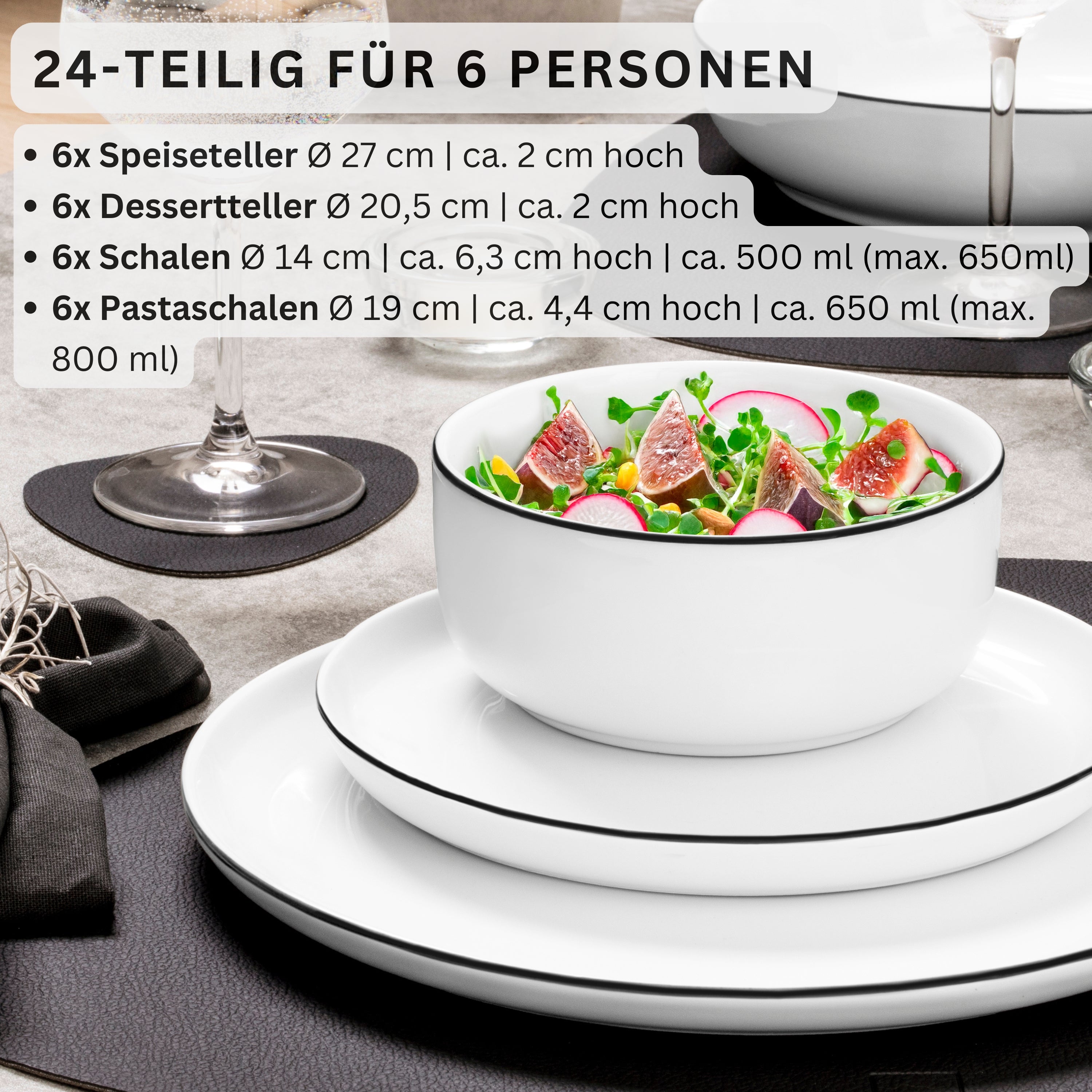 SÄNGER Porzellan Geschirrset Marlo Black Rim 24-teilig für 6 Personen