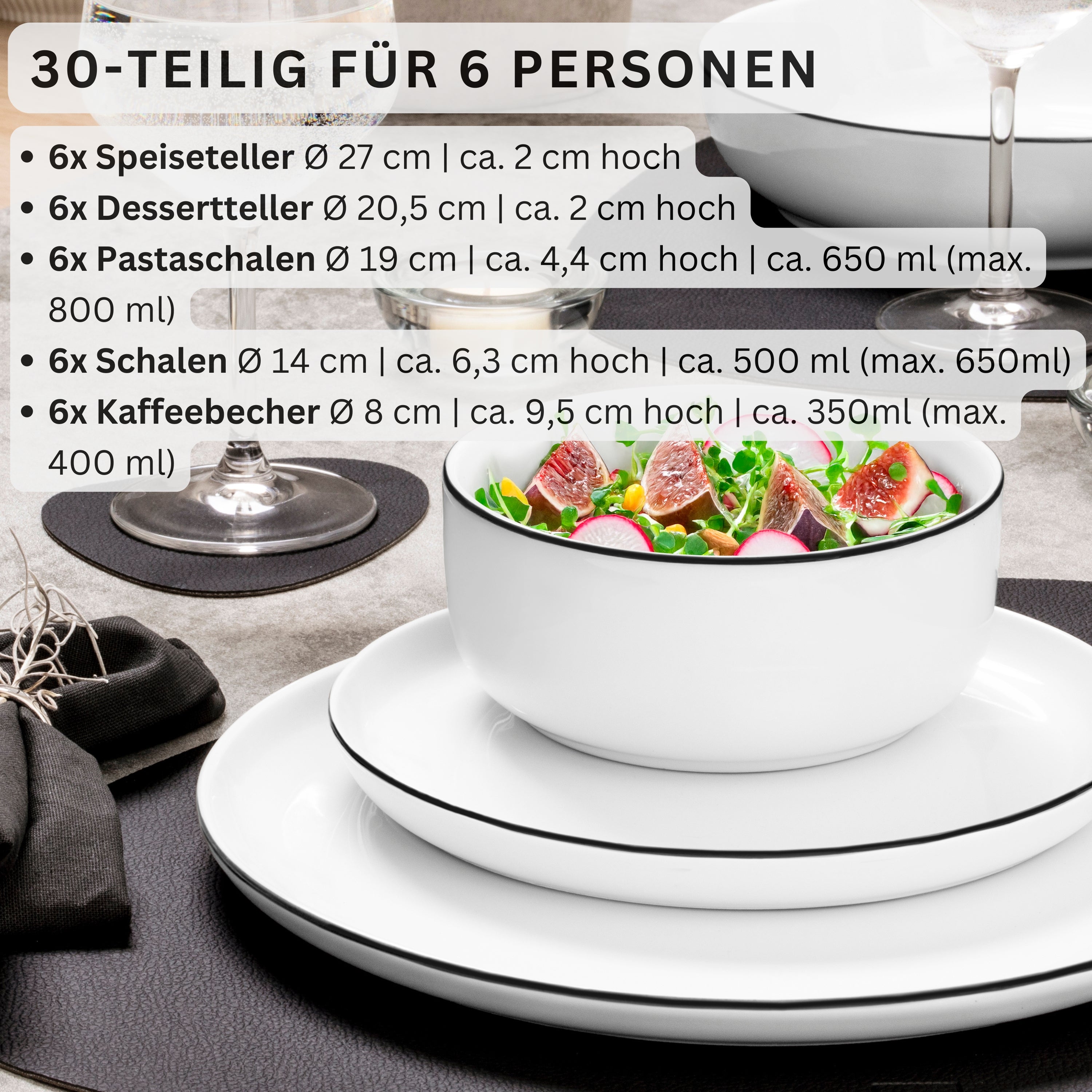 SÄNGER Porzellan Geschirrset Marlo Black Rim 30-teilig für 6 Personen