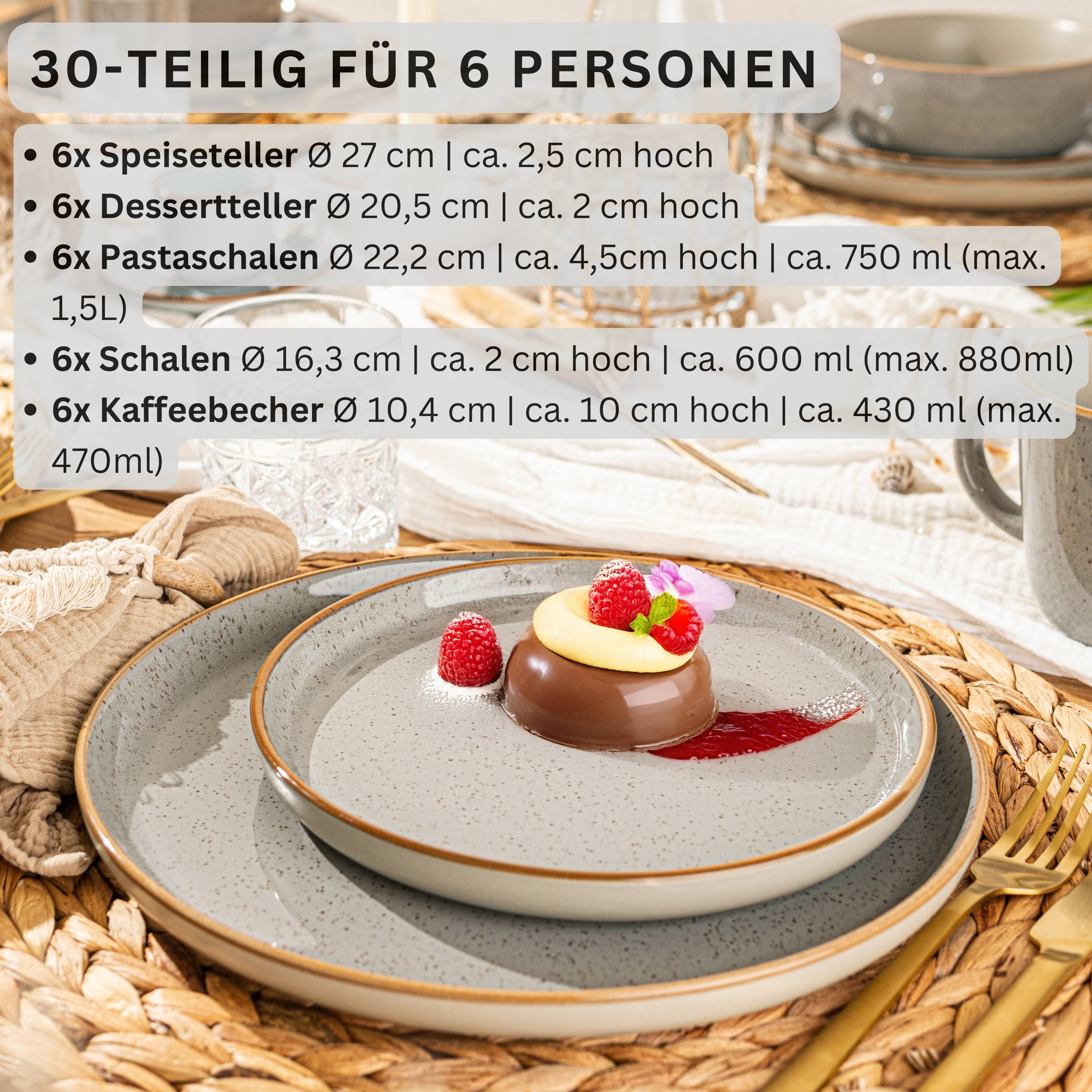 SÄNGER Steingut Geschirrset Rio Perlgrau, Kombiservice 30 teilig für 6 Personen