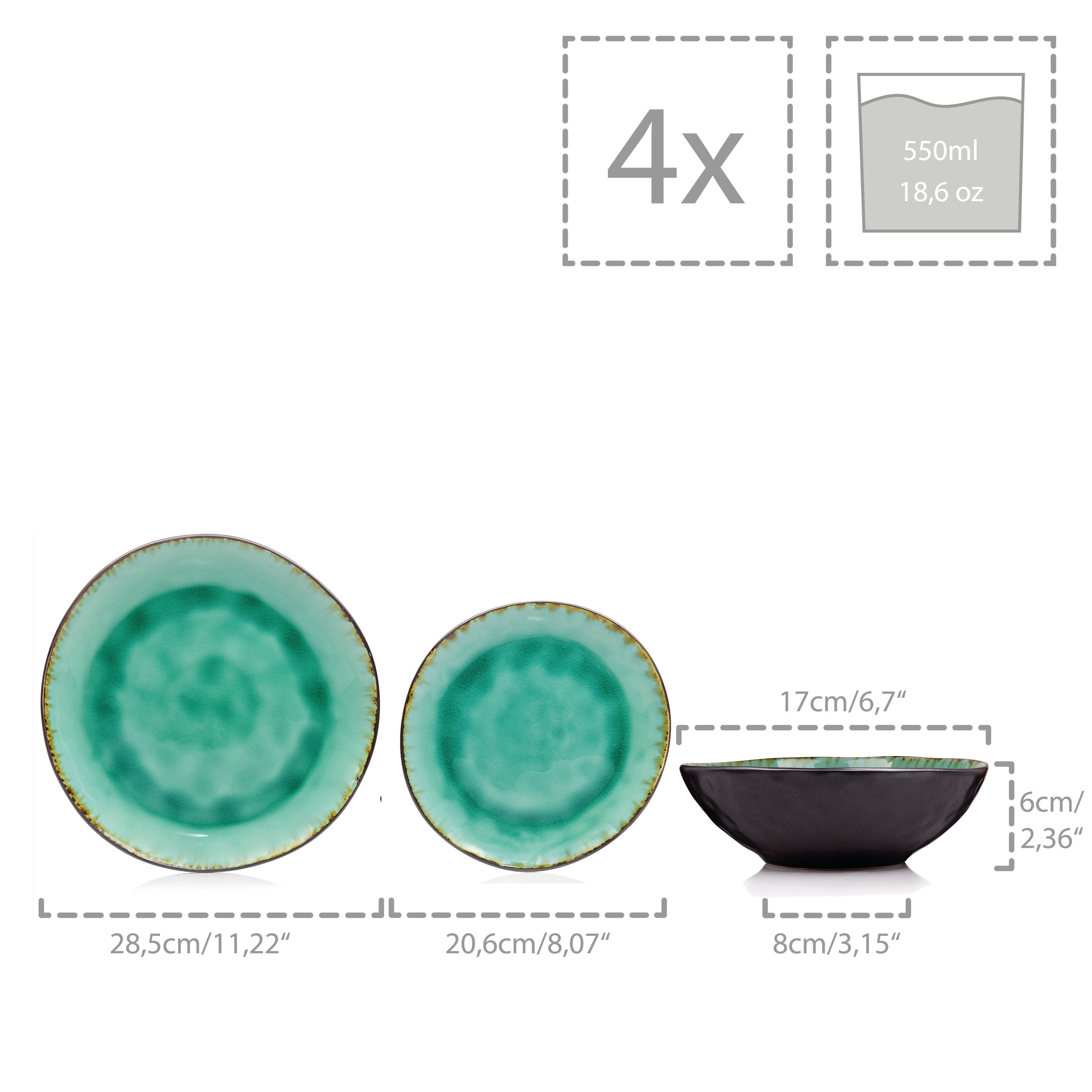 SÄNGER Steingut Geschirrset Palm Beach, Tafelservice & Servierplatten Set 23 teilig für 4 Personen