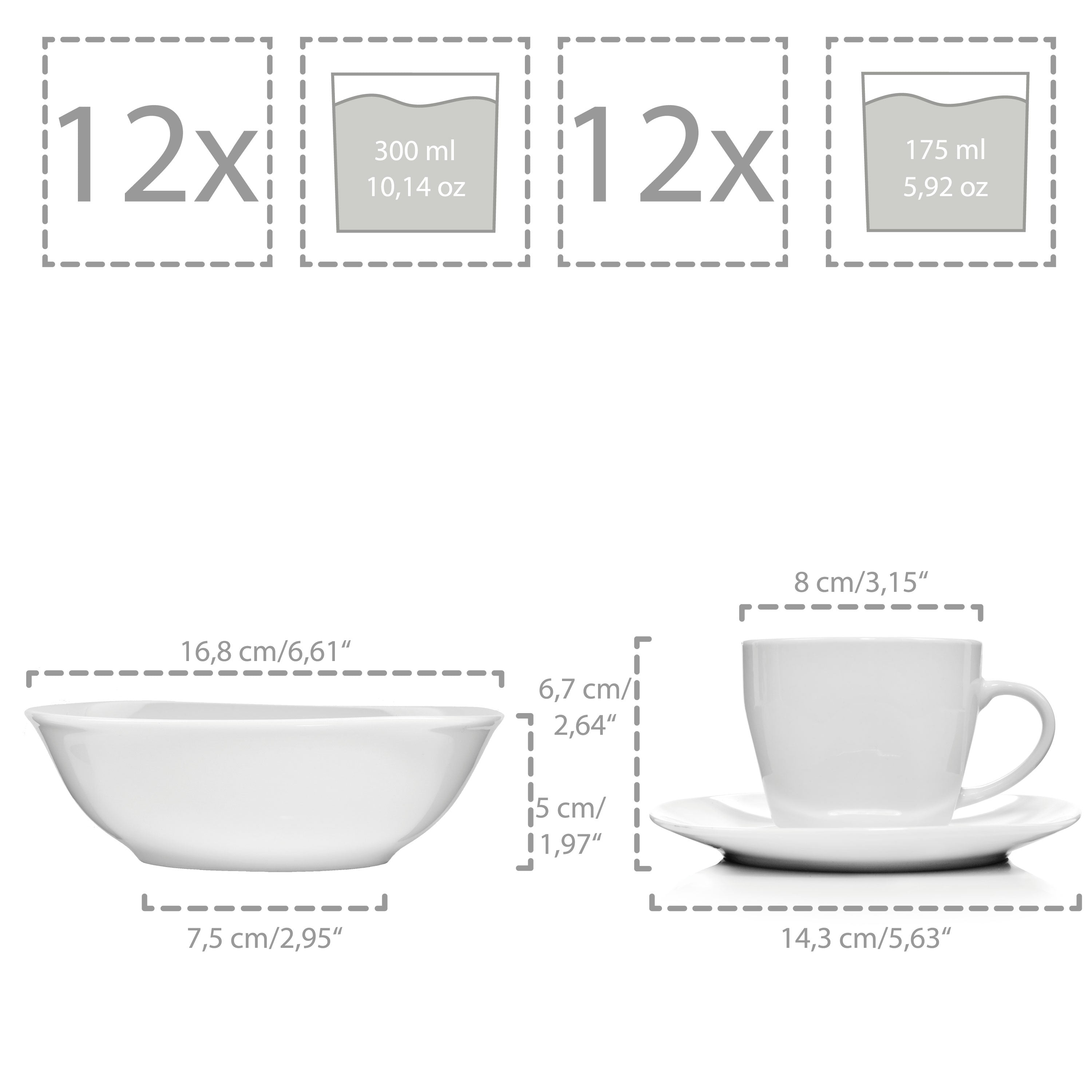 SÄNGER Porzellan Geschirrset Bilgola, Kombiservice 86 teilig für 12 Personen