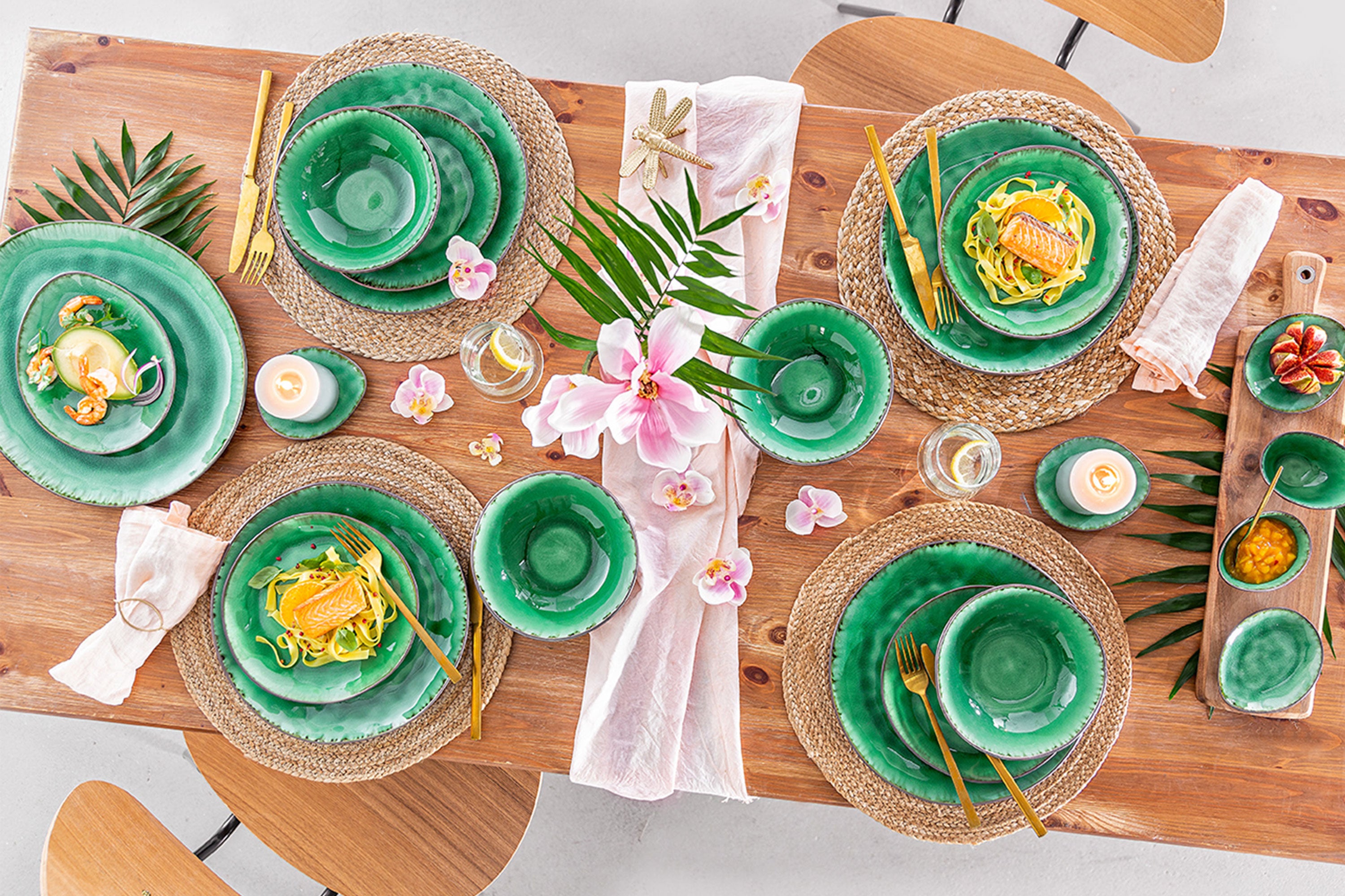 SÄNGER Steingut Geschirrset Palm Beach, Tafelservice & Servierplatten Set 23 teilig für 4 Personen