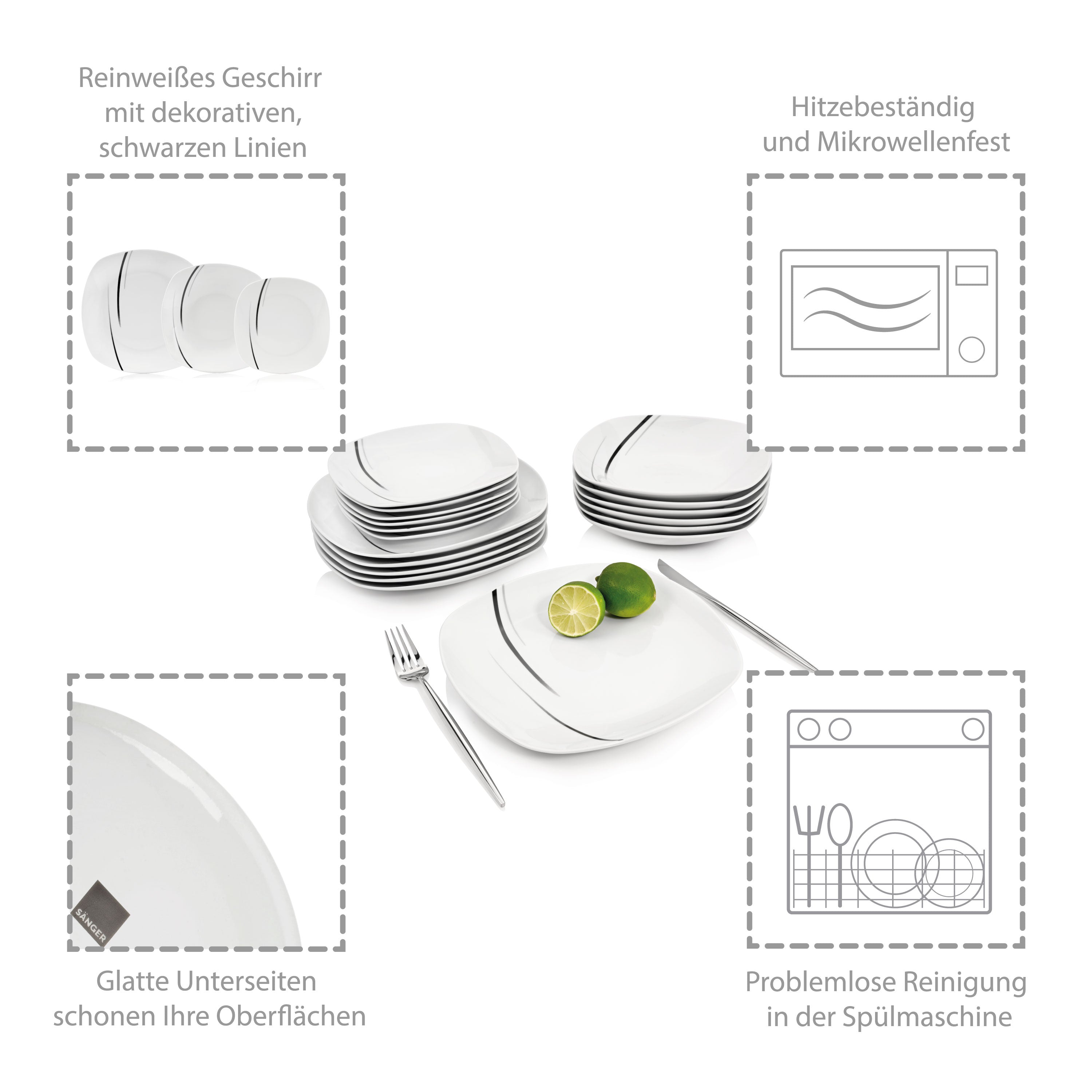 SÄNGER Porzellan Geschirrset Bilgola Black Lines, Tafelservice 18 teilig für 6 Personen