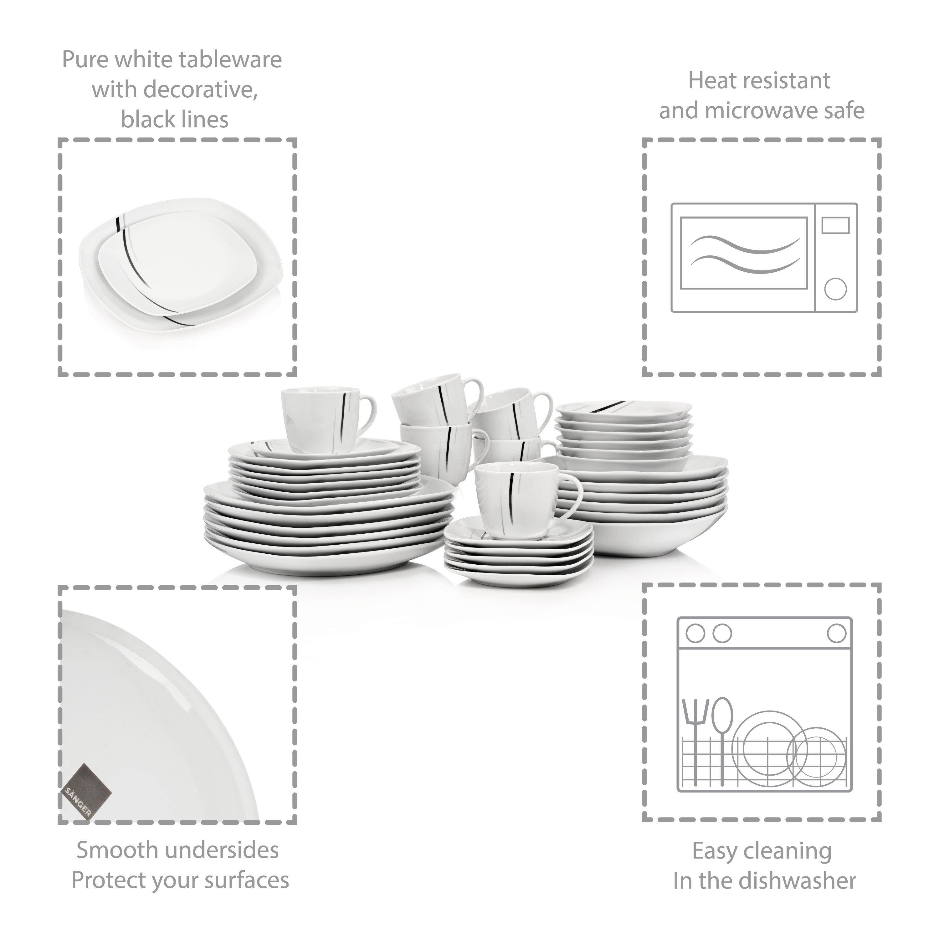 SÄNGER Porcelain Dinnerware Set Bilgola Black Lines, Combi-Set 36 Pieces for 6 People