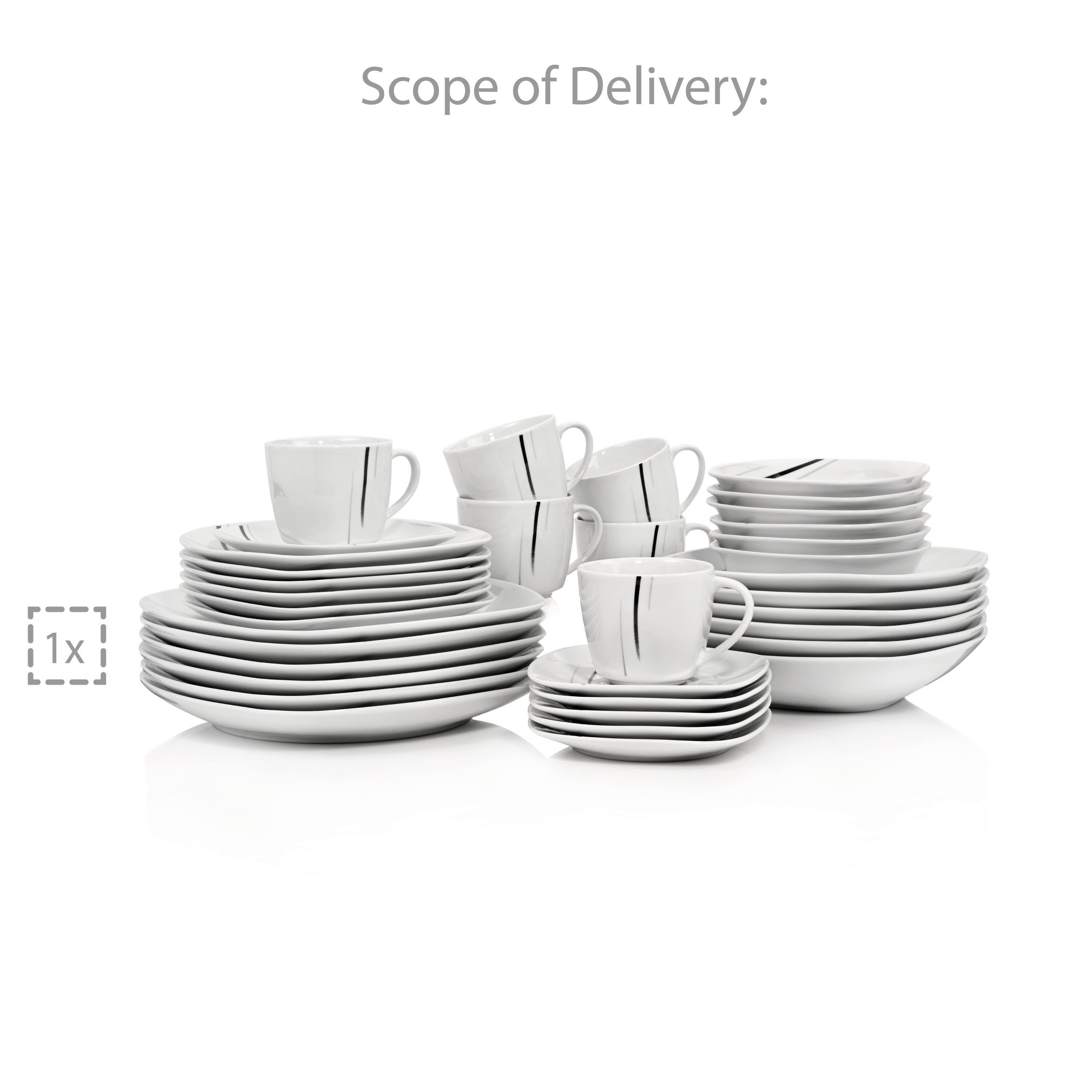 SÄNGER Porcelain Dinnerware Set Bilgola Black Lines, Combi-Set 36 Pieces for 6 People