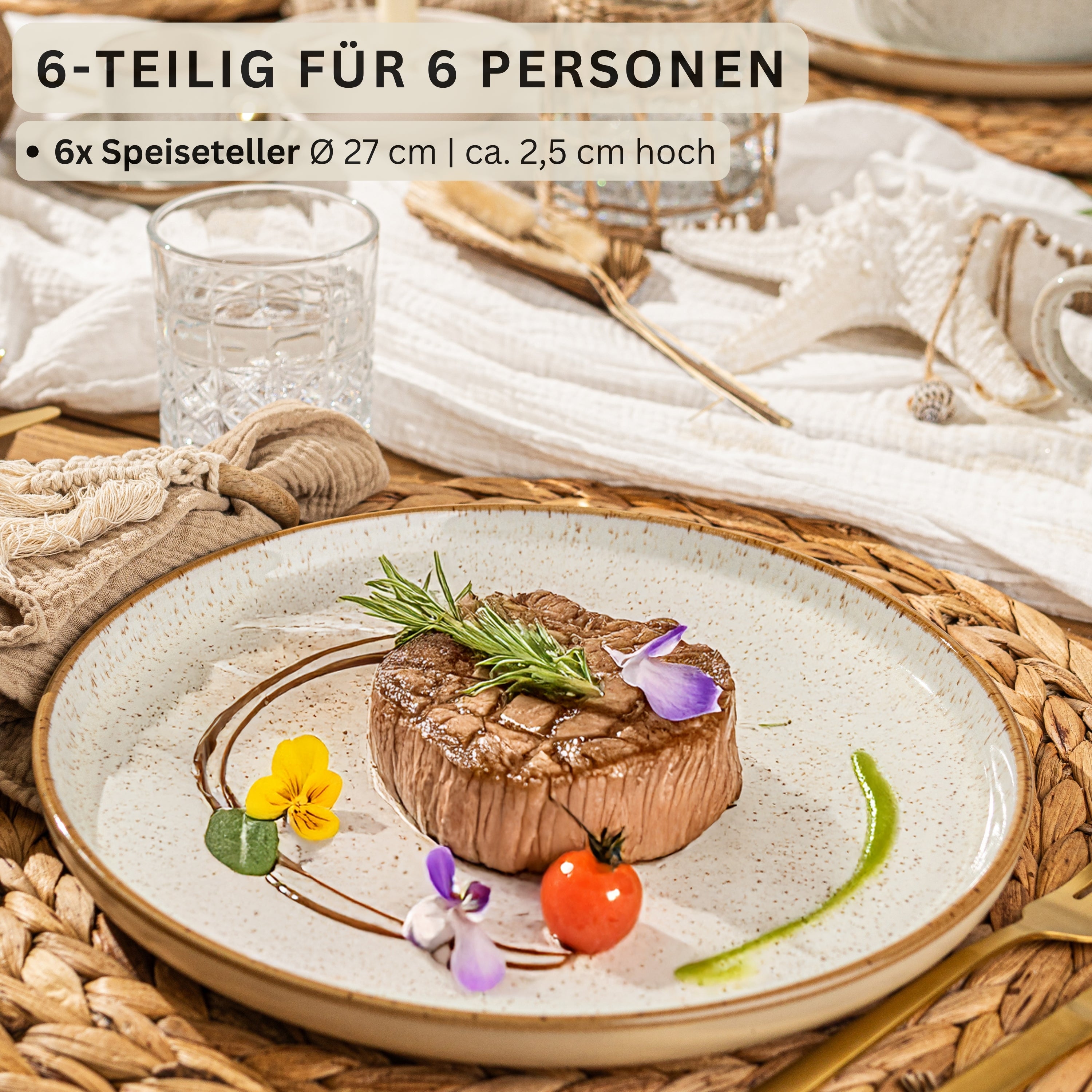 SÄNGER Dinner Plate Set Rio Creme - 6 Pieces Made of Stoneware