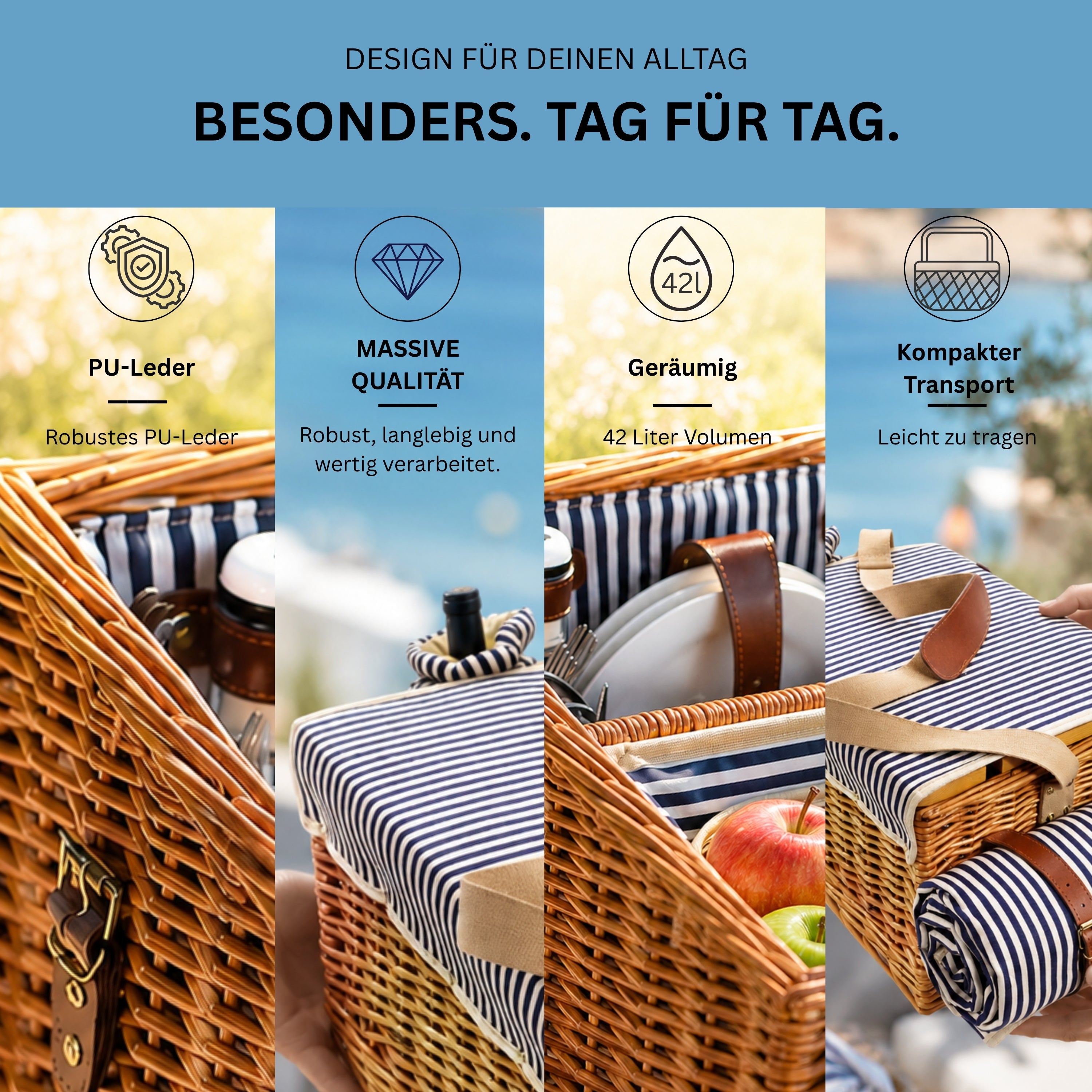 SÄNGER Borkum Picnic Basket with Integrated Table & Cooler Bag, 25 Pieces for 4 People