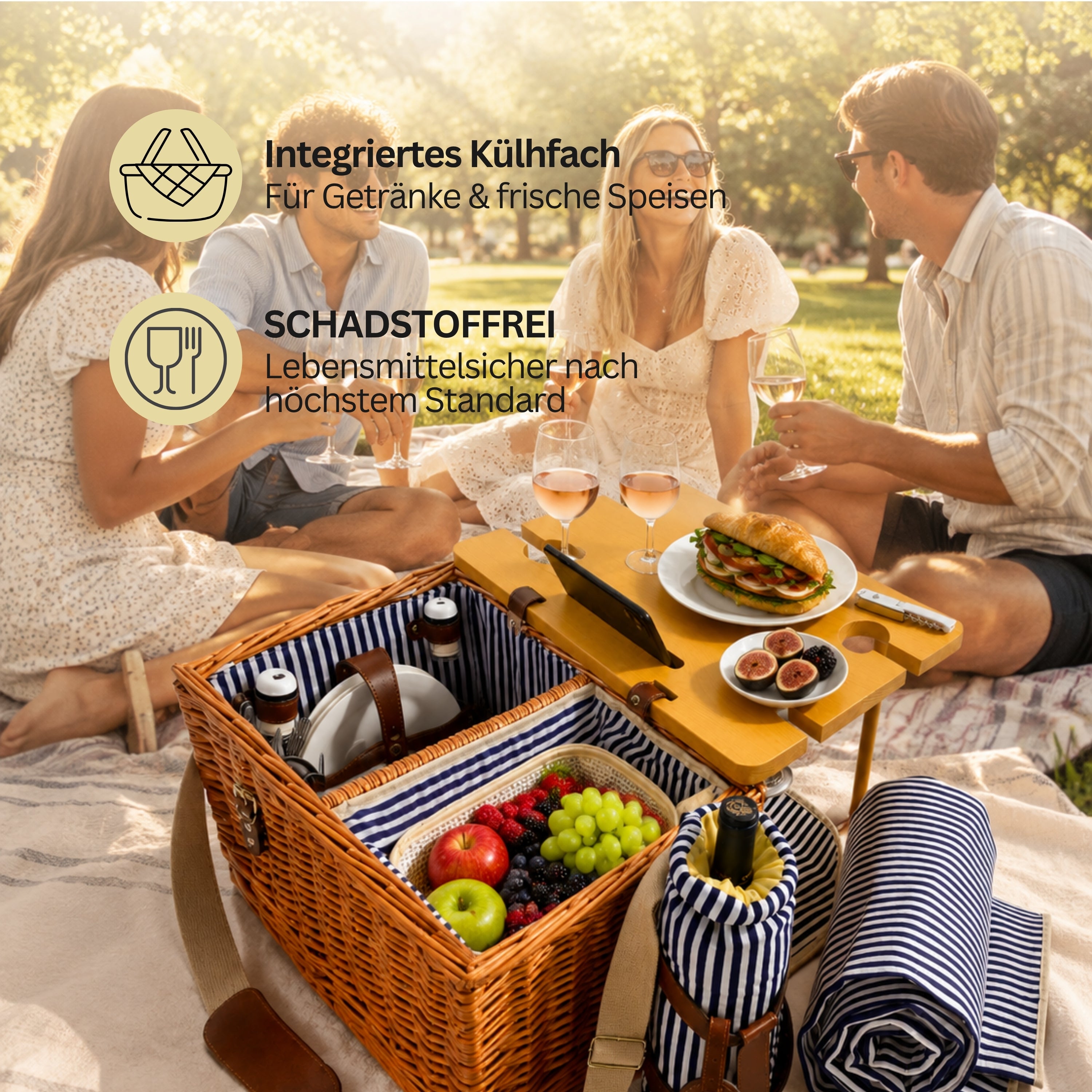 SÄNGER Borkum Picnic Basket with Integrated Table & Cooler Bag, 25 Pieces for 4 People