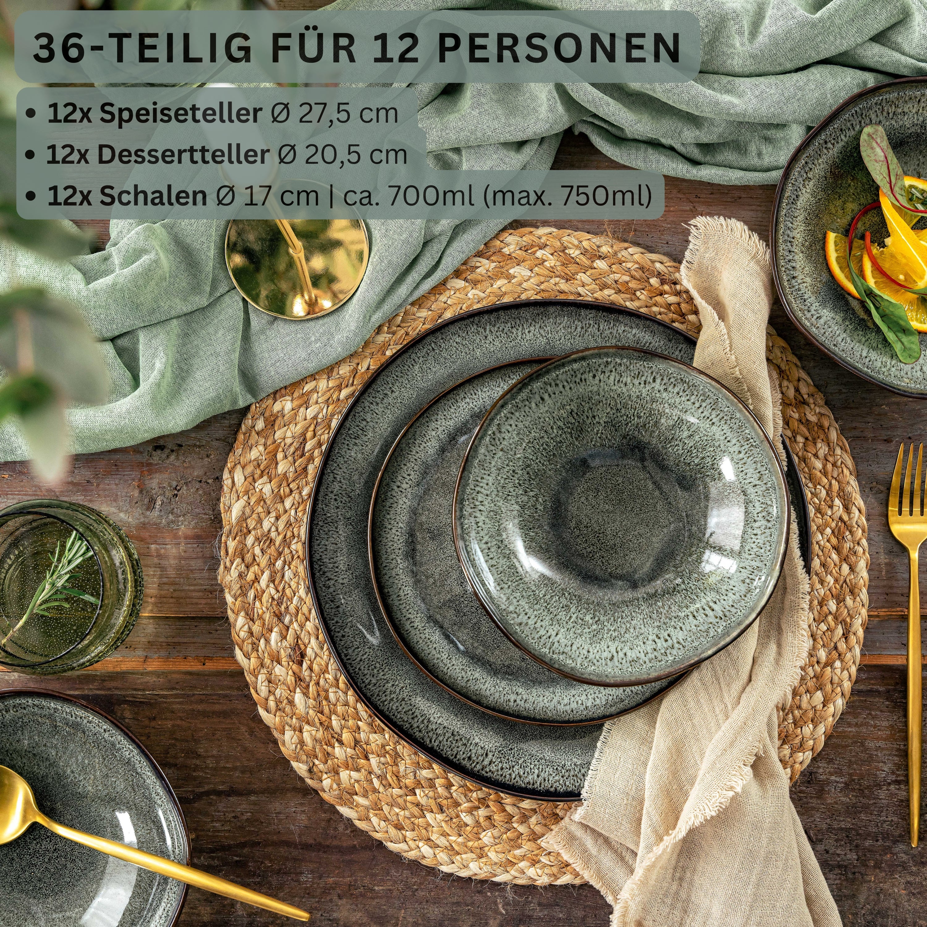 SÄNGER Steingut Geschirrset Kopenhagen, Tafelservice 36 teilig für 12 Personen