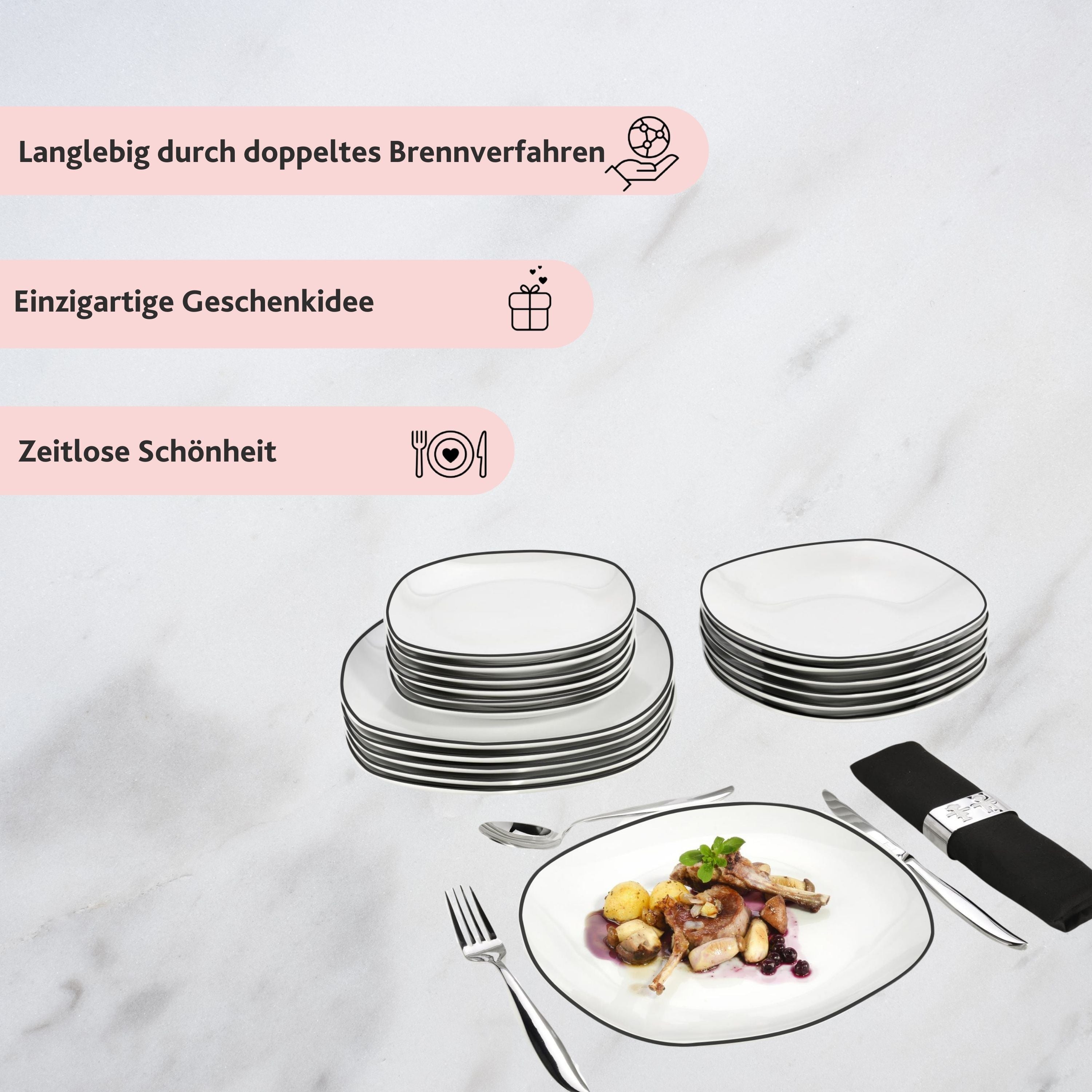 SÄNGER Porzellan Geschirrset Bilgola Black Rim 18 teilig für 6 Personen