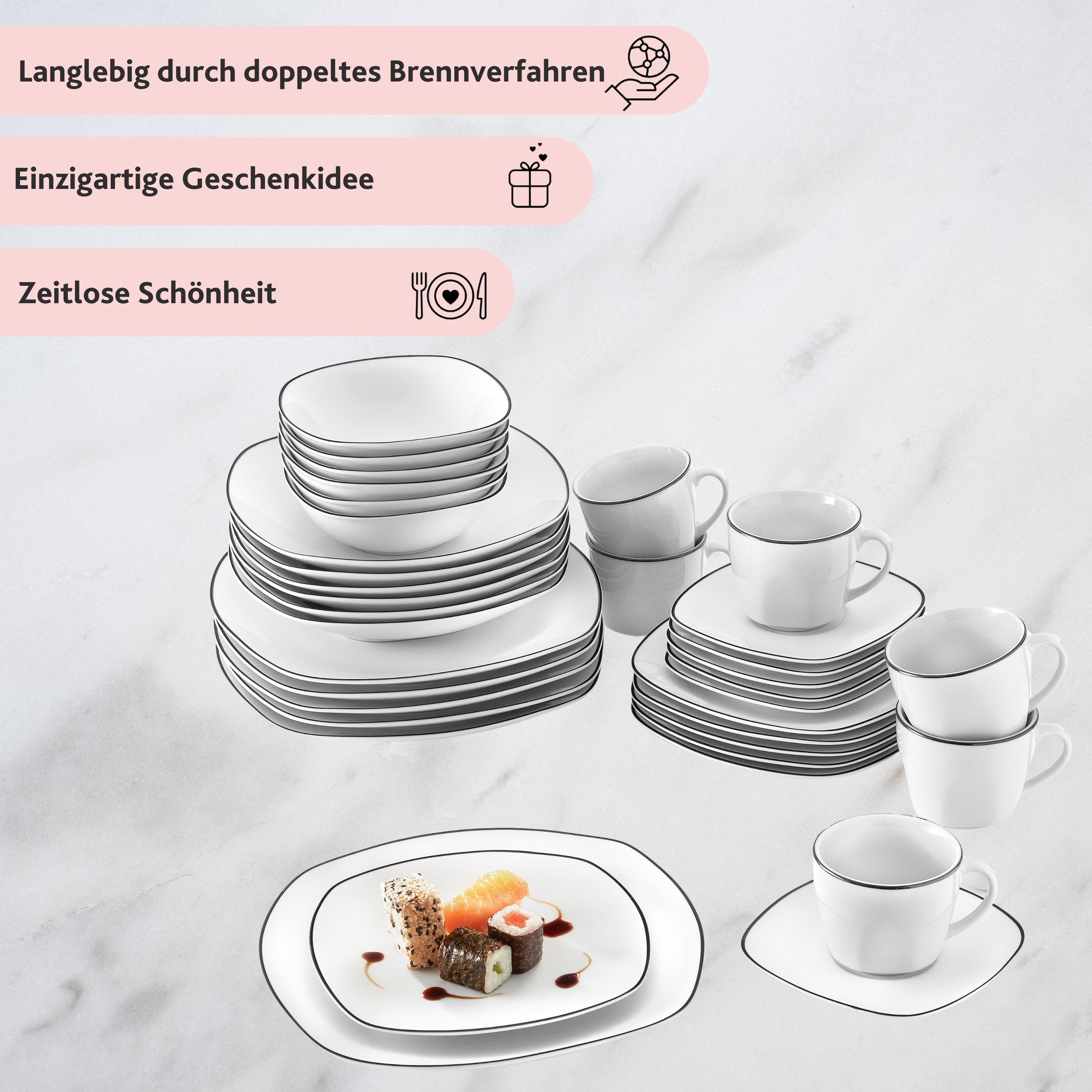 SÄNGER Porzellan Kombiservice Bilgola Black Rim 36 teilig für 6 Personen