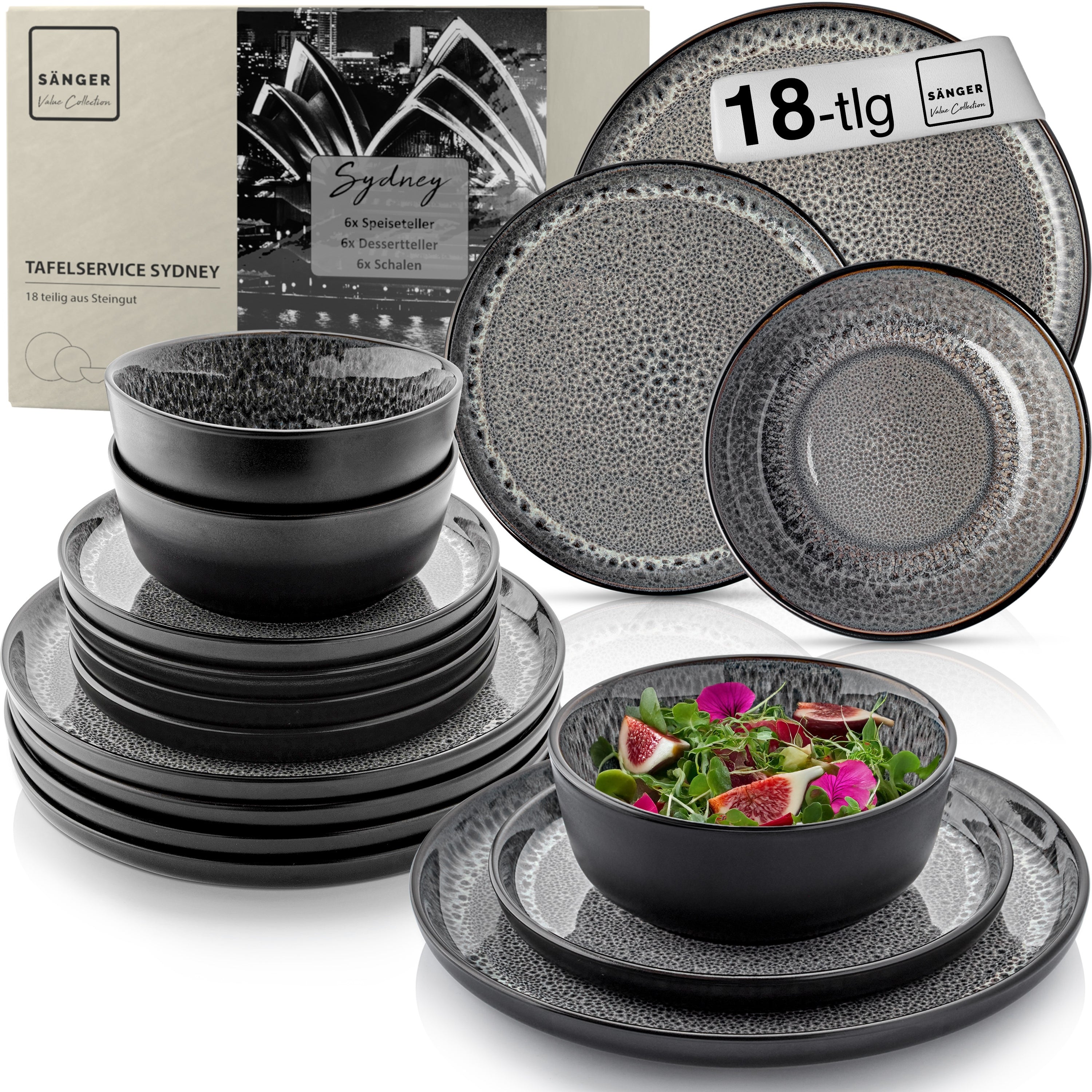 SÄNGER Steingut Geschirrset Sydney, Tafelservice 18 teilig für 6 Personen