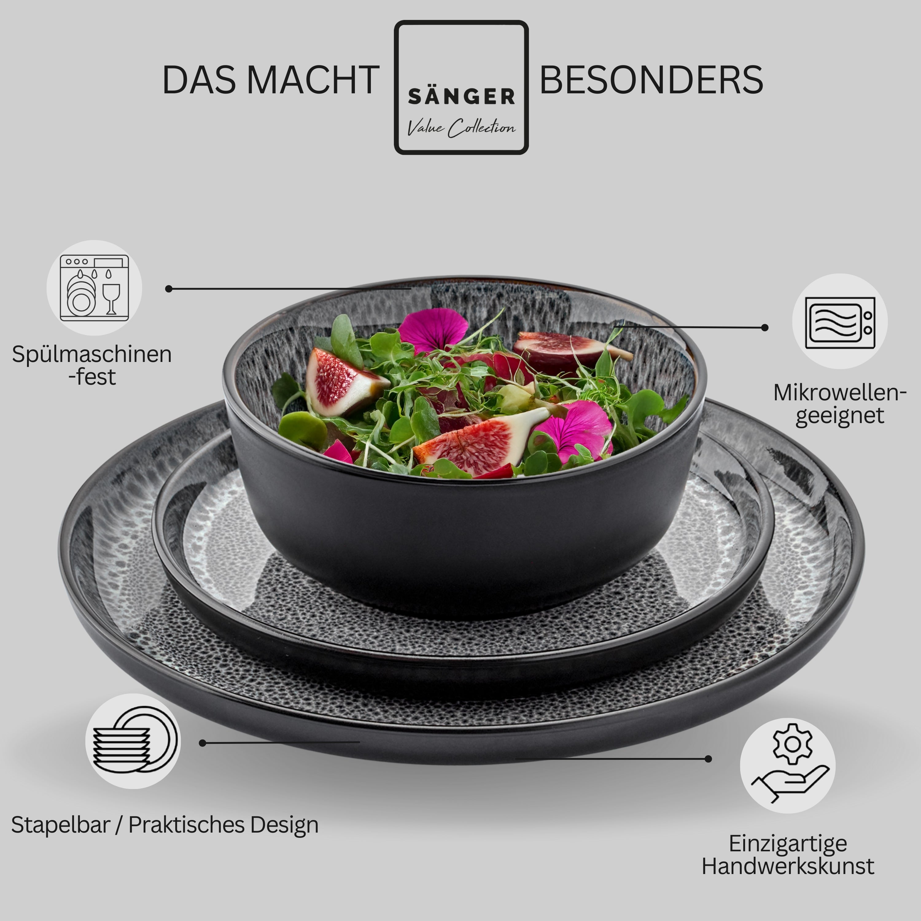 SÄNGER Steingut Geschirrset Sydney, Tafelservice 18 teilig für 6 Personen