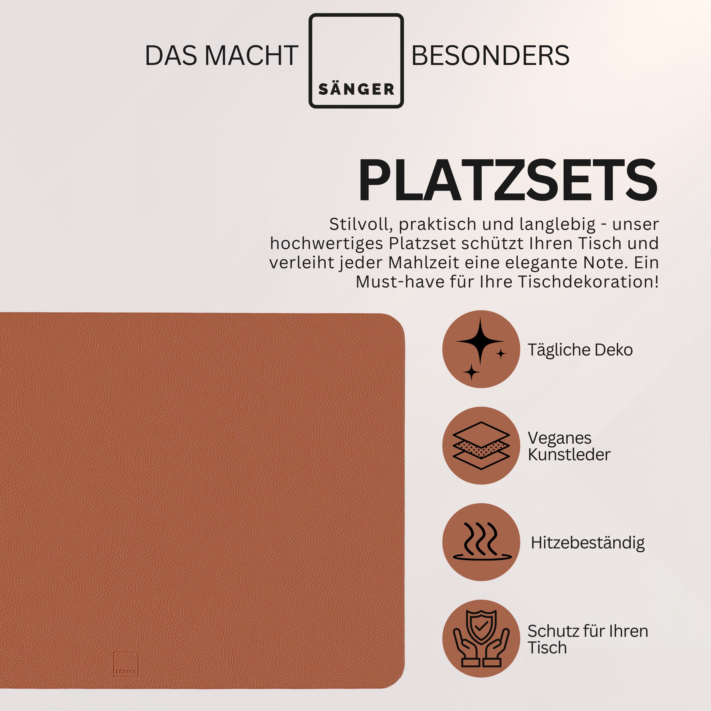 SÄNGER rechteckige Tischsets & Untersetzer aus Kunstleder 12 teilig für 6 Personen, Anthrazit + Braun