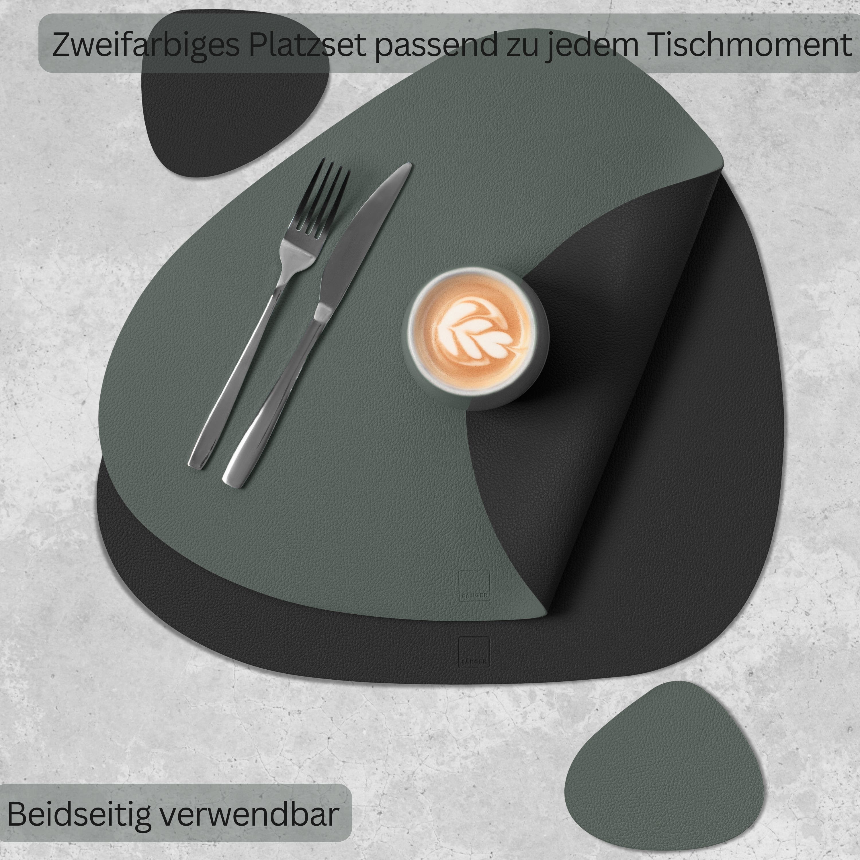 SÄNGER organische Tischsets & Untersetzer aus Kunstleder 8 teilig für 4 Personen, Grau + Schwarz