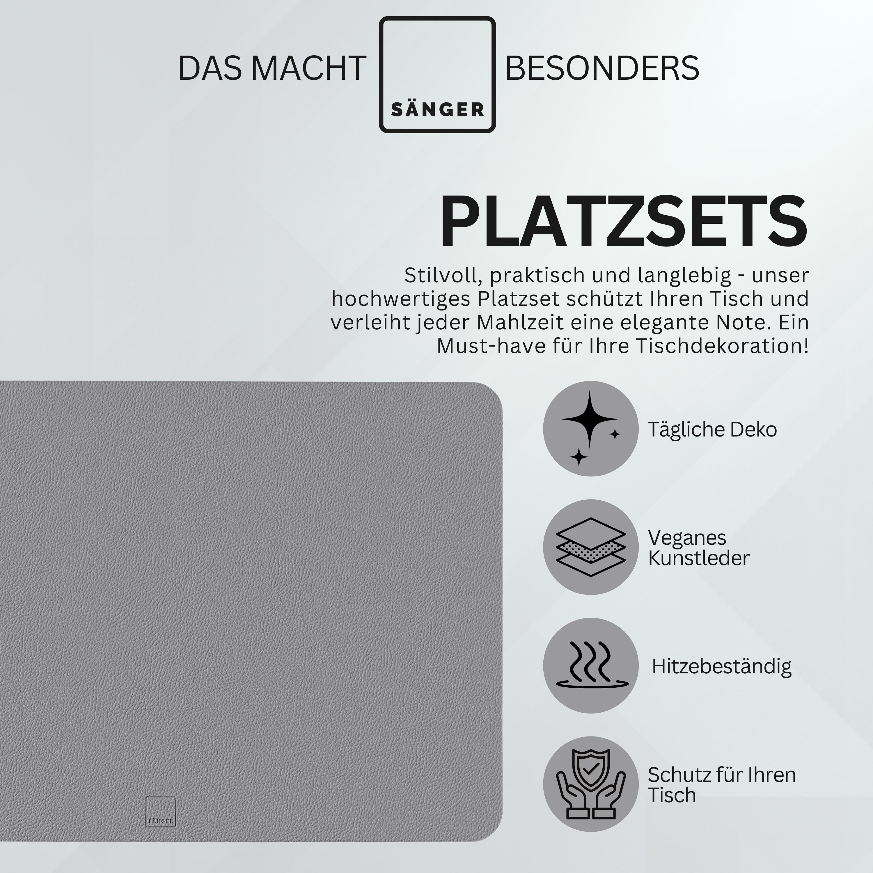 SÄNGER rechteckige Tischsets & Untersetzer aus Kunstleder 8 teilig für 4 Personen, Grau + Schwarz