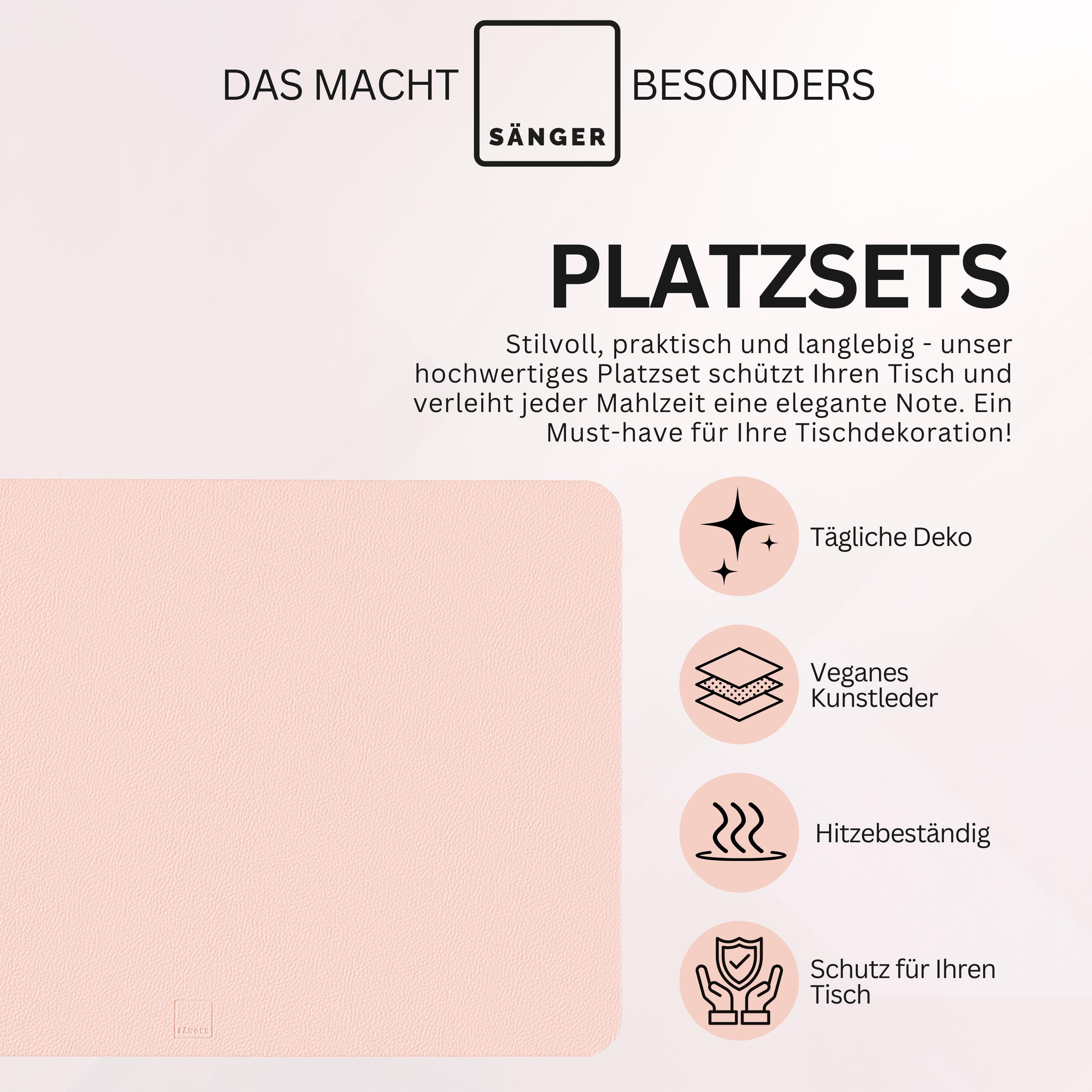 SÄNGER rechteckige Tischsets & Untersetzer aus Kunstleder 12 teilig für 6 Personen, Rosa + Grau