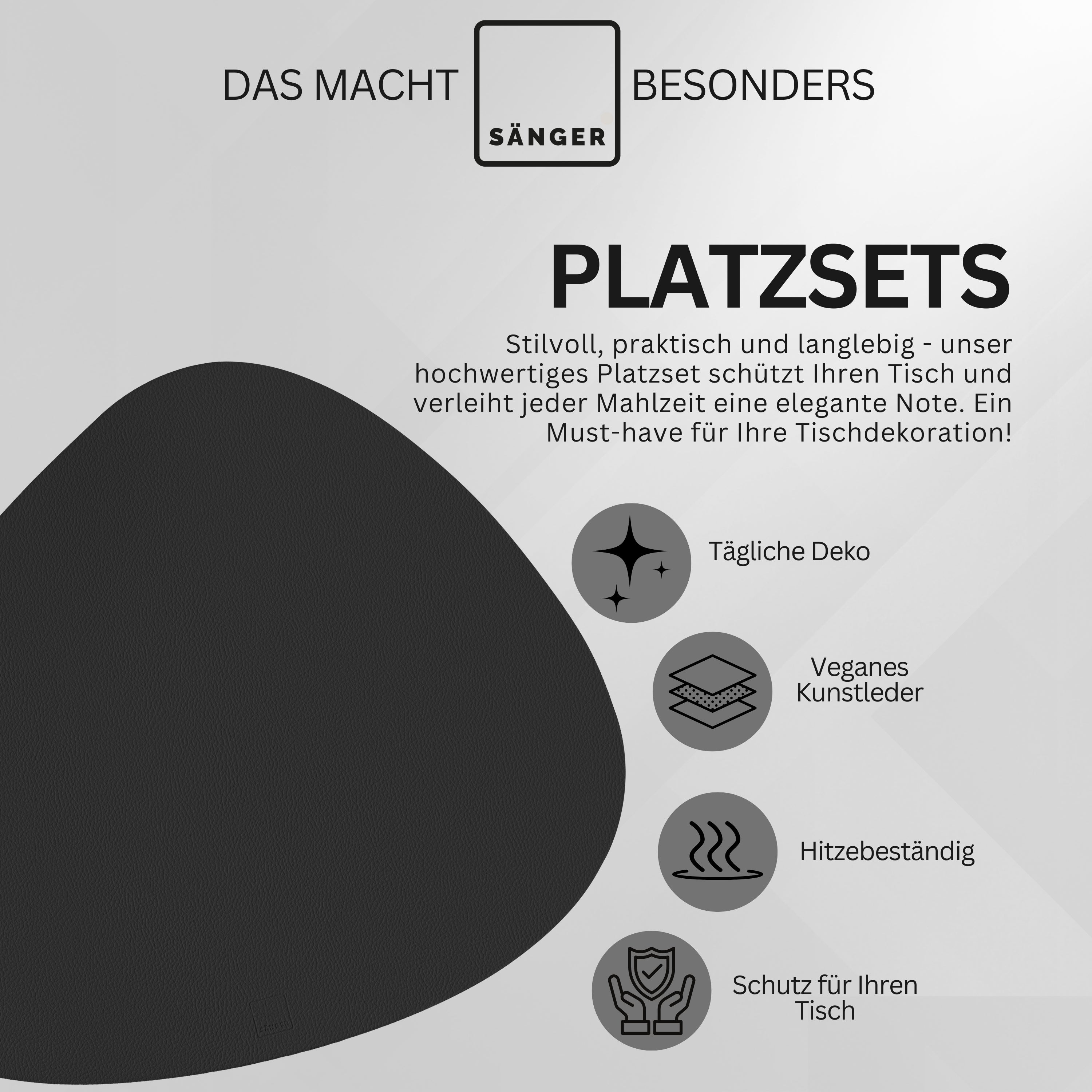SÄNGER organische Tischsets & Untersetzer aus Kunstleder 12 teilig für 6 Personen, Schwarz + Beige
