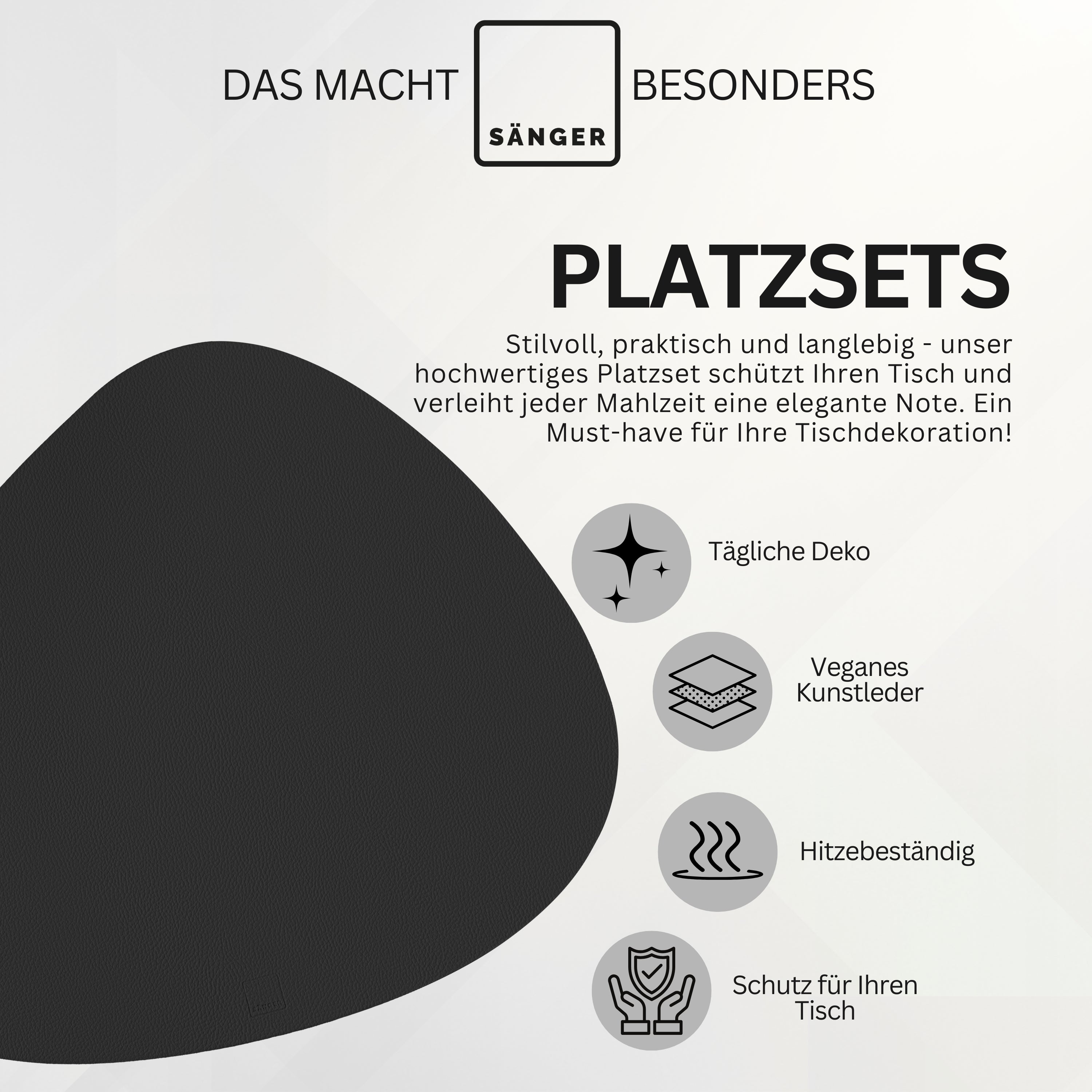 SÄNGER organische Tischsets & Untersetzer aus Kunstleder 12 teilig für 6 Personen, Schwarz + Creme