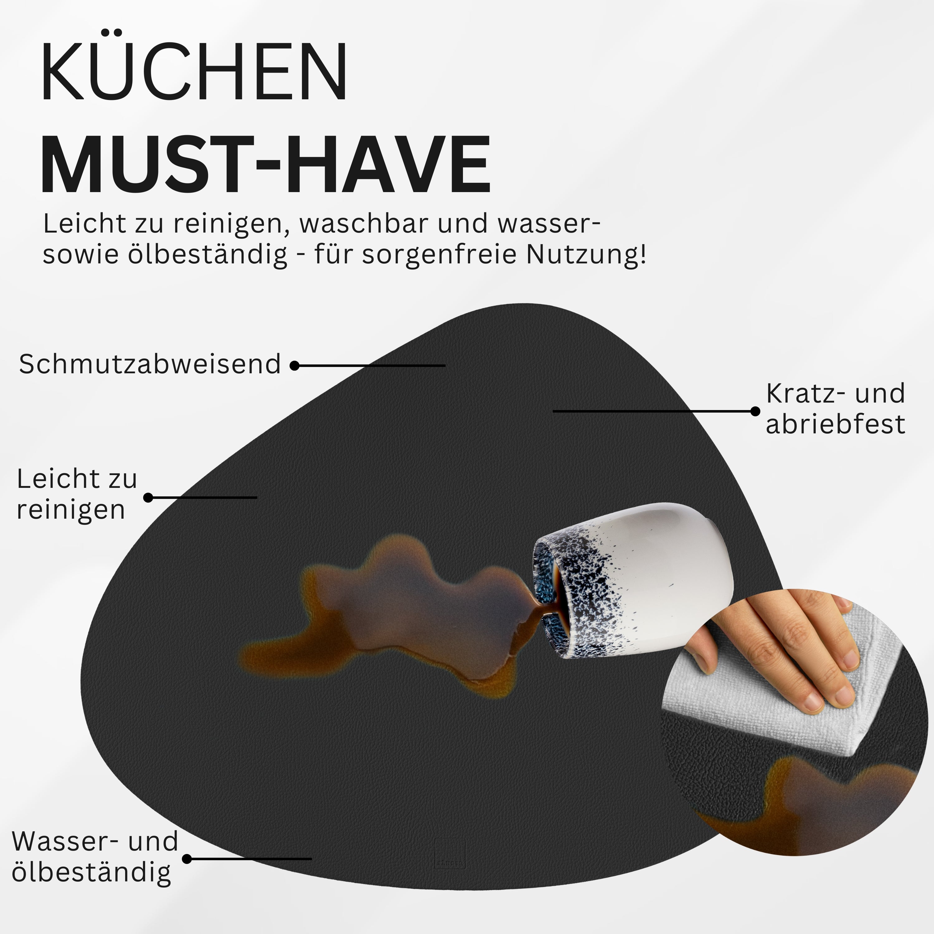 SÄNGER organische Tischsets & Untersetzer aus Kunstleder 12 teilig für 6 Personen, Schwarz + Creme