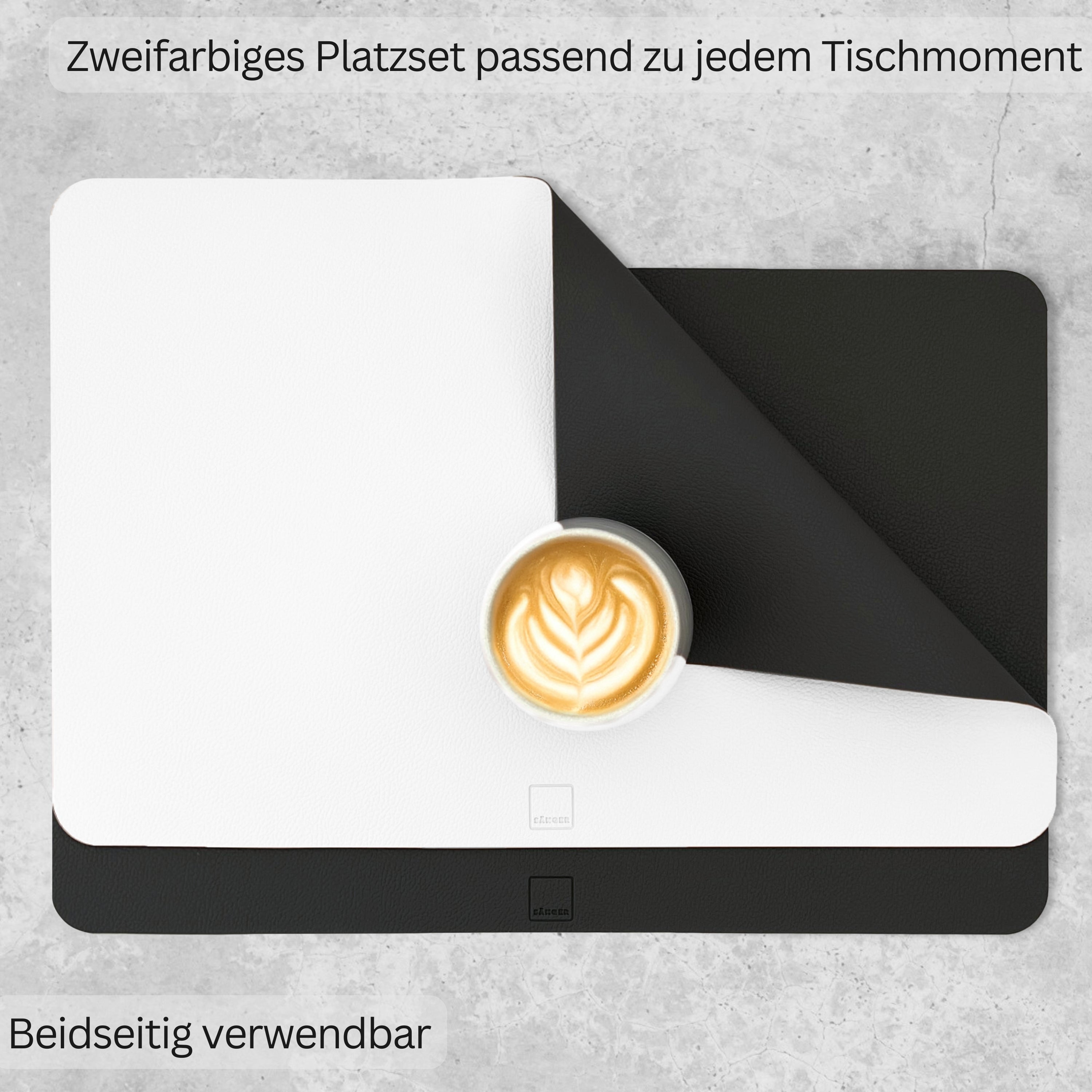 SÄNGER rechteckige Tischsets & Untersetzer aus Kunstleder 12 teilig für 6 Personen, Schwarz + Creme