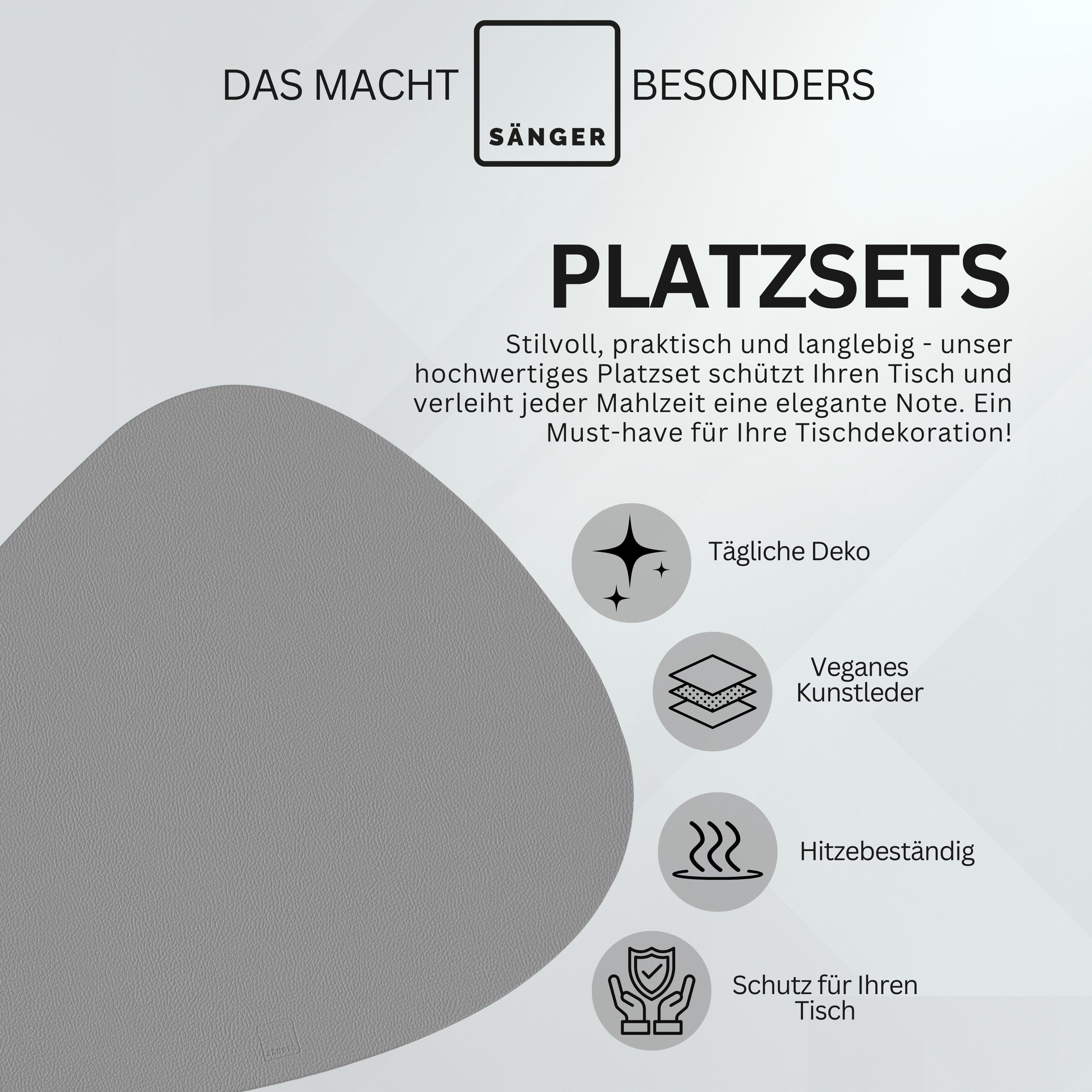 SÄNGER organische Tischsets & Untersetzer aus Kunstleder 12 teilig für 6 Personen, Schwarz + Hellgrau