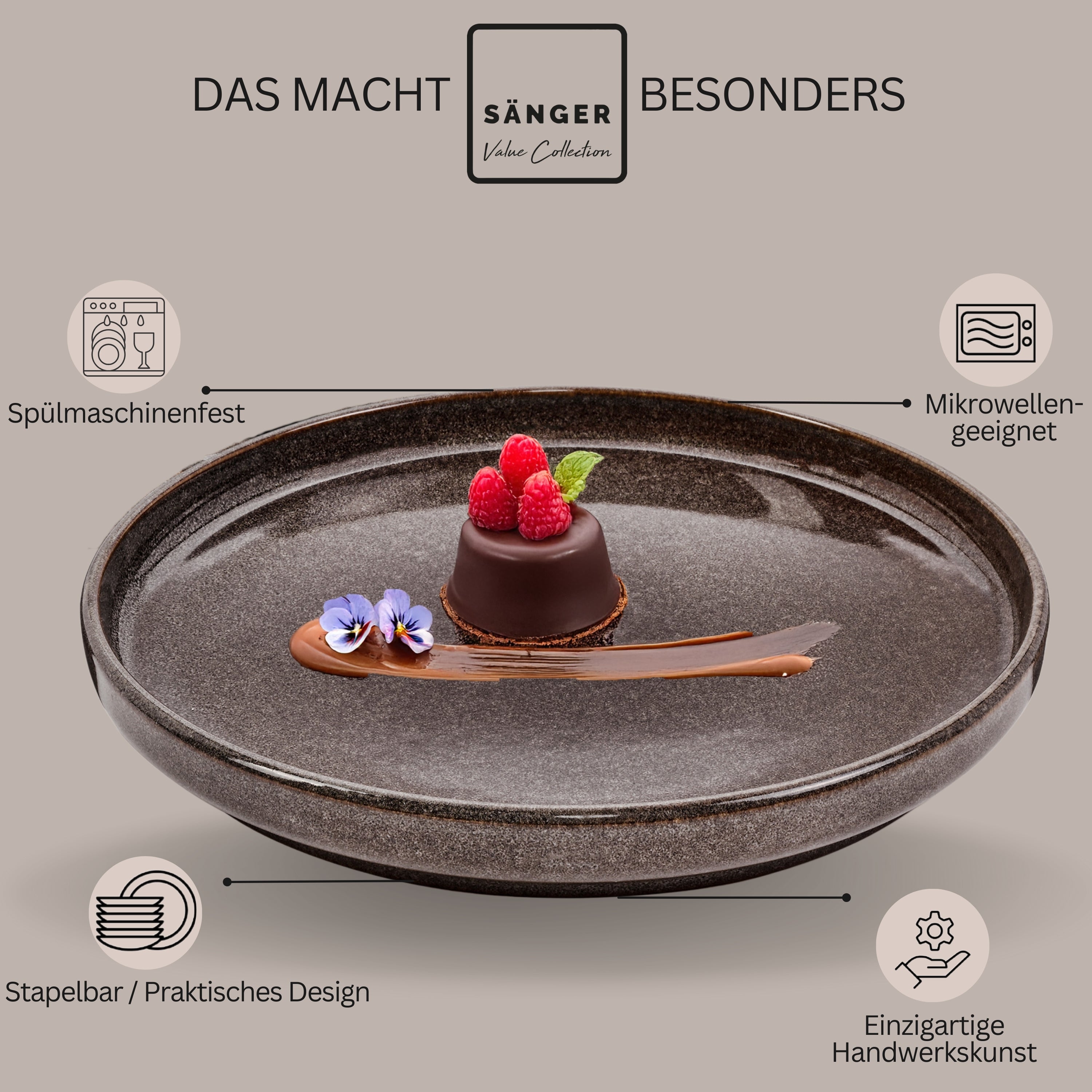 SÄNGER Dessertteller Set Kairo Graphit - 4 teilig aus Steingut