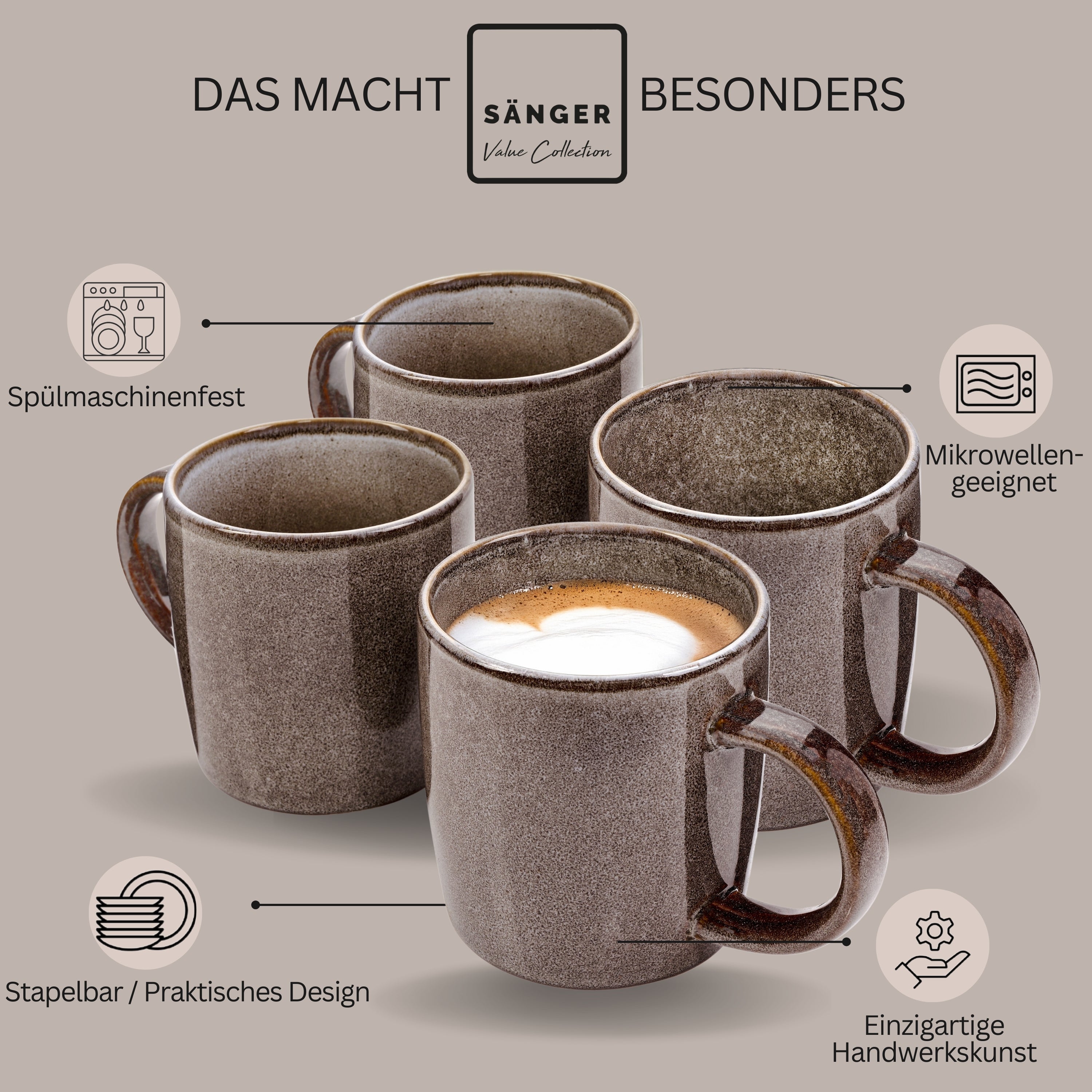 SÄNGER Kairo Graphite Coffee Mug Set - 4-piece Stoneware