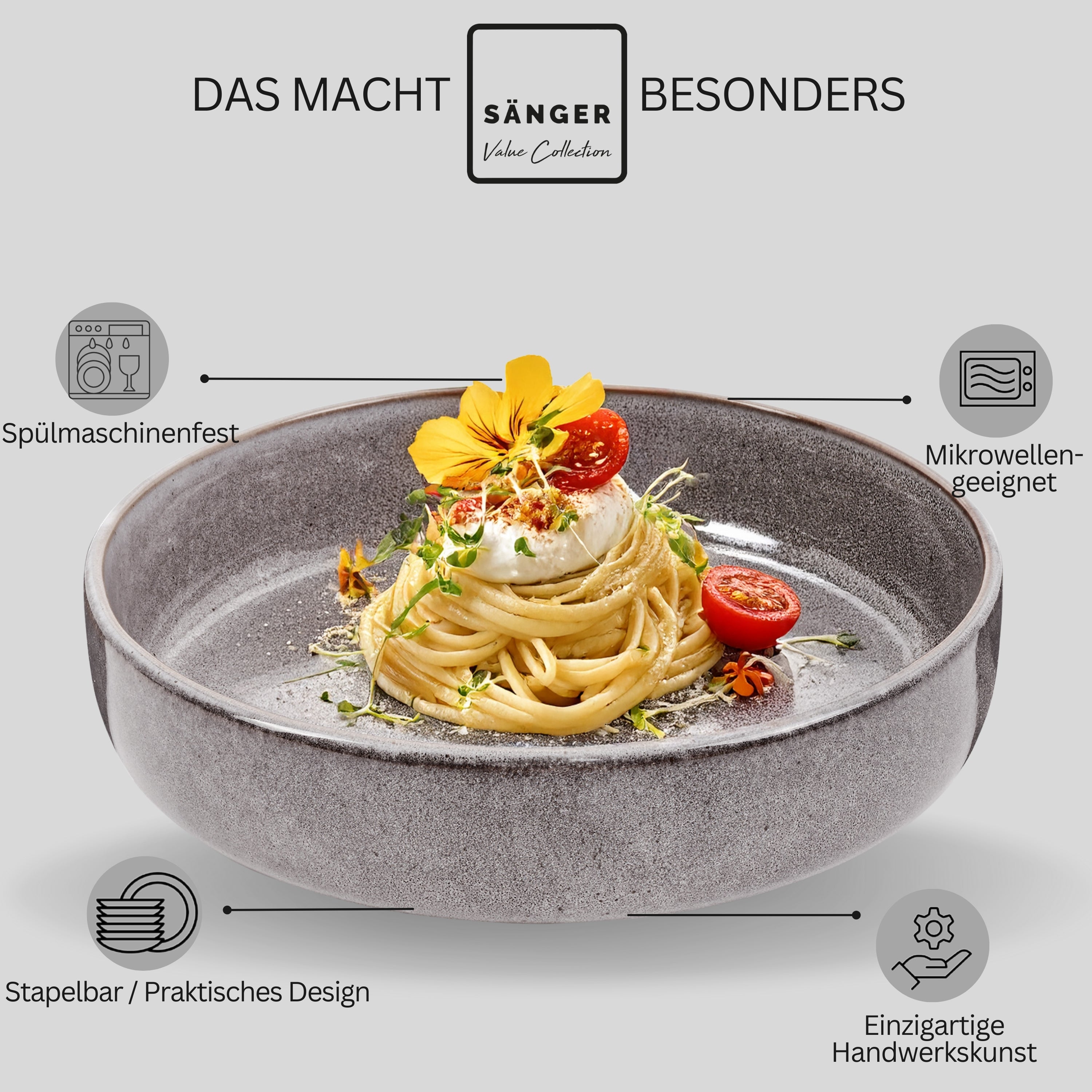 SÄNGER Pastaschalen Set Kairo Mondgrau - 4 teilig aus Steingut
