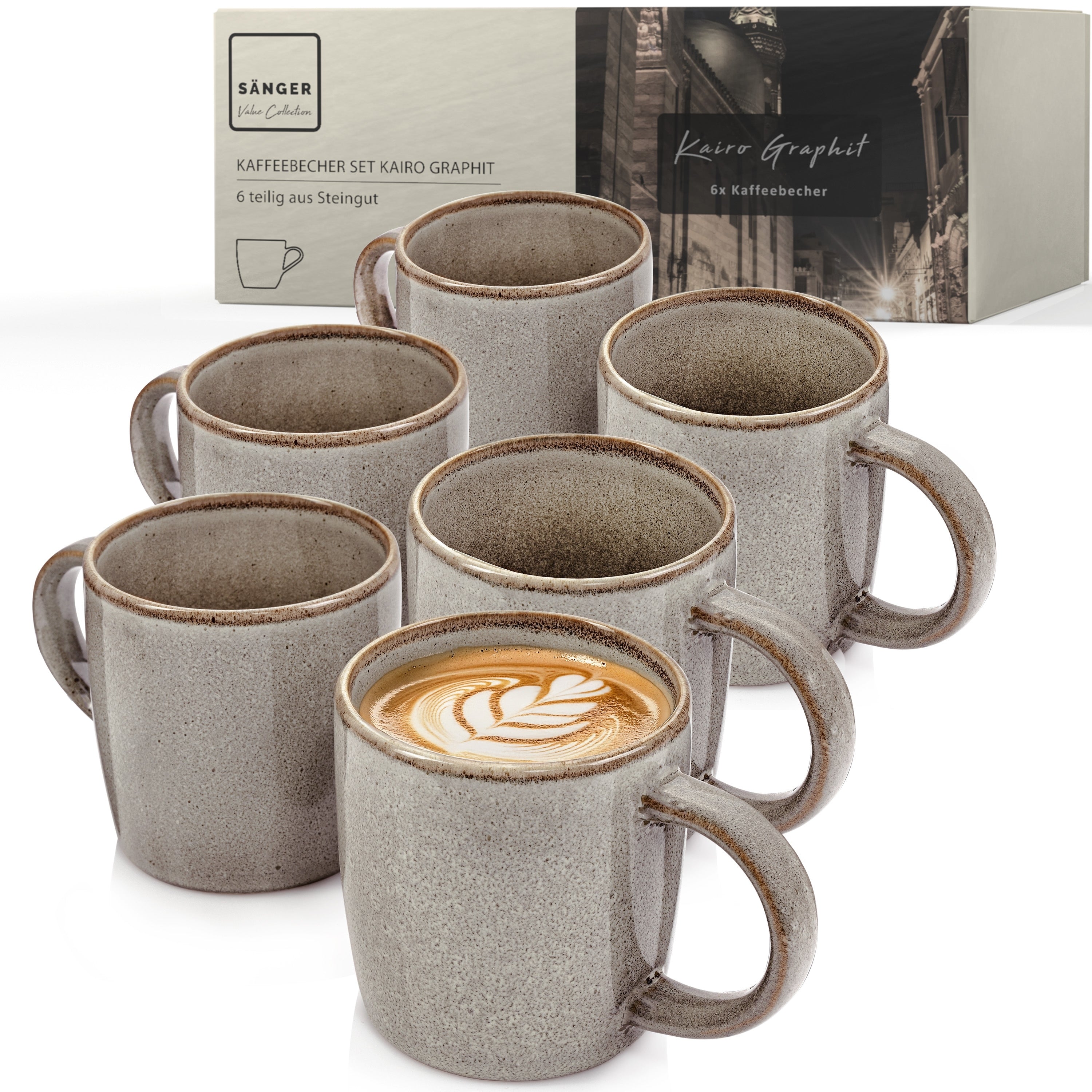 SÄNGER Kaffeebecher Set Kairo Graphit - 6 teilig aus Steingut