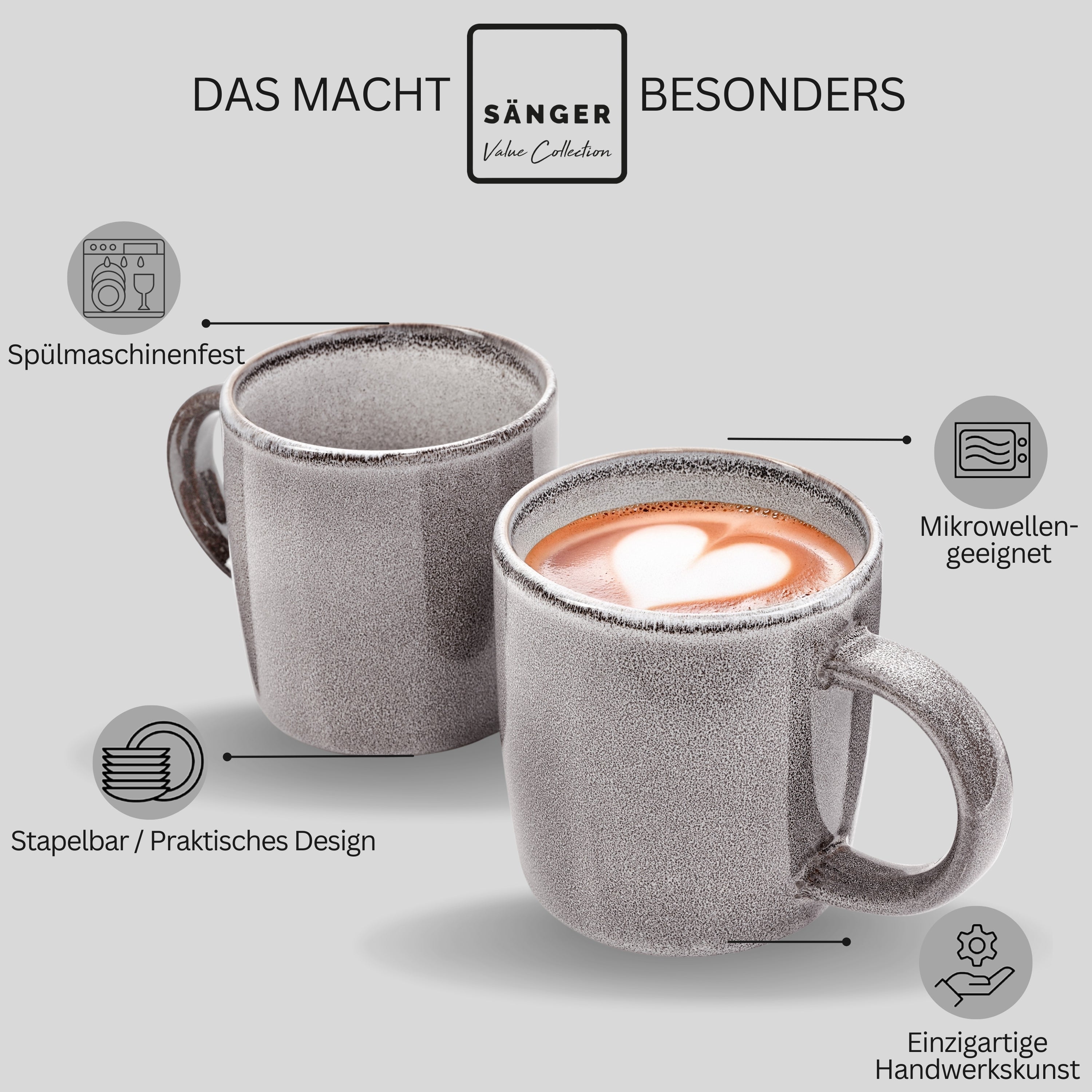 SÄNGER Kaffeebecher Set Kairo Mondgrau - 6 aus Steingut