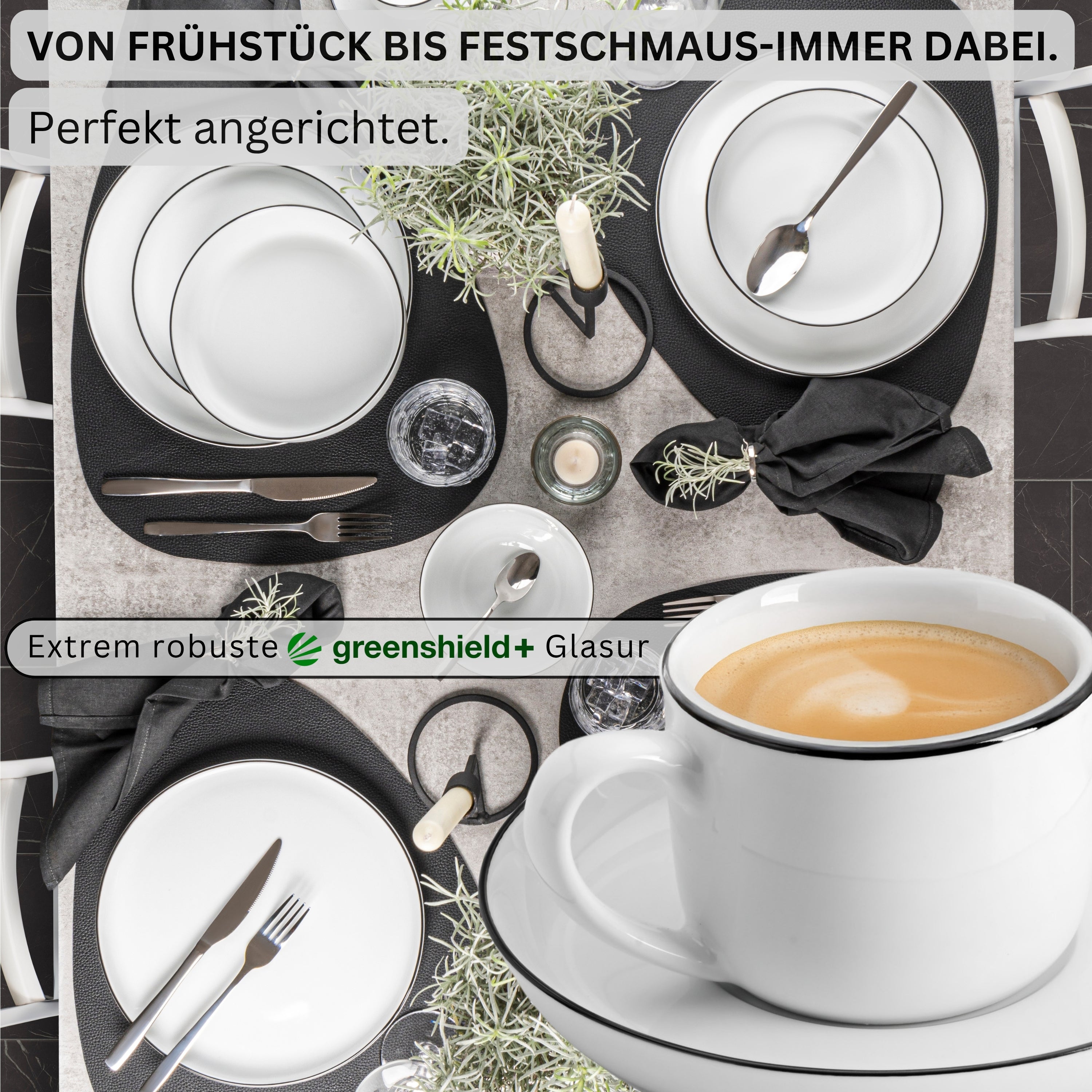 SÄNGER Porzellan Kaffeetassen Set Marlo Black Rim 12-teilig für 6 Personen