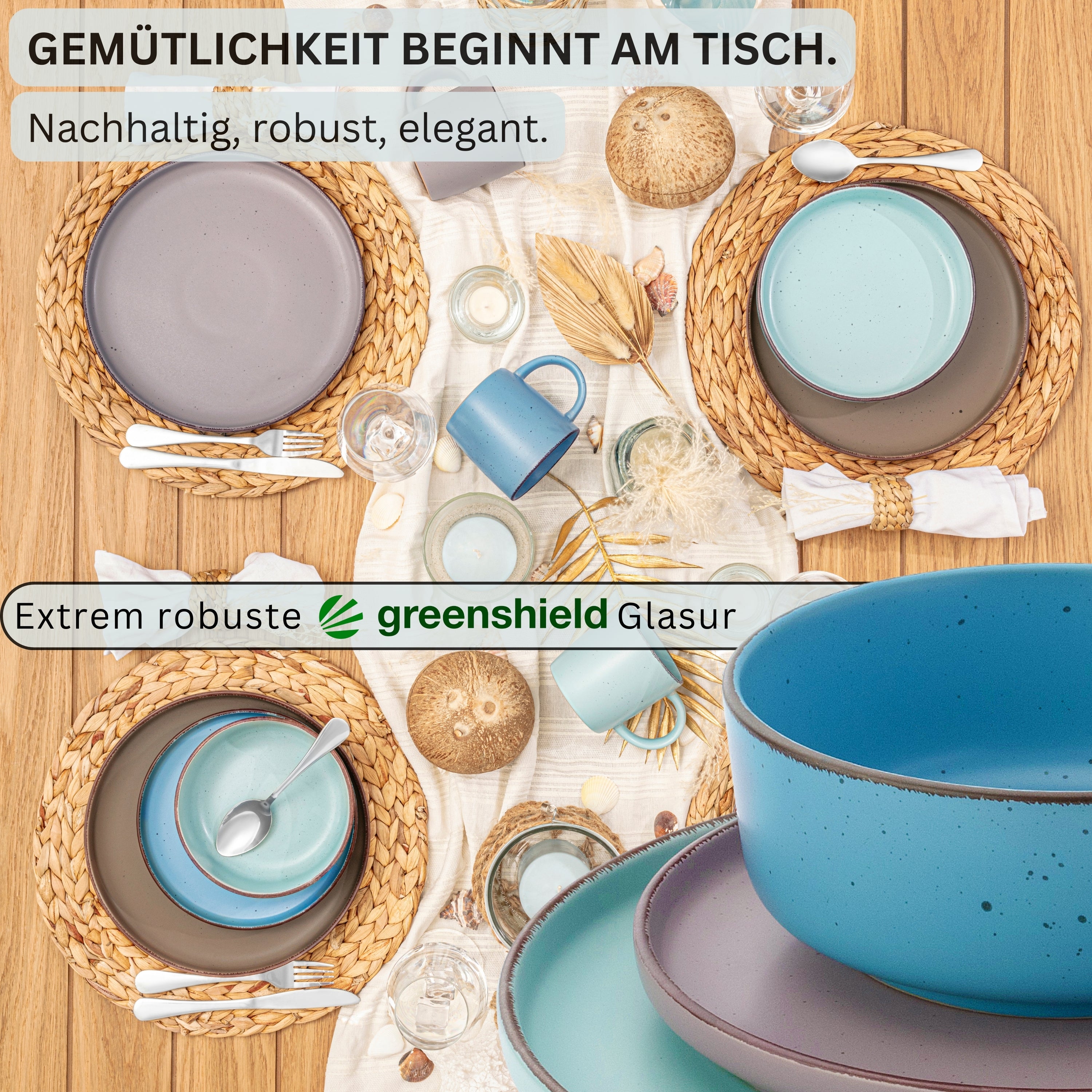 SÄNGER Steingut Geschirrset Bombay Meeresboden 12 teilig für 4 Personen