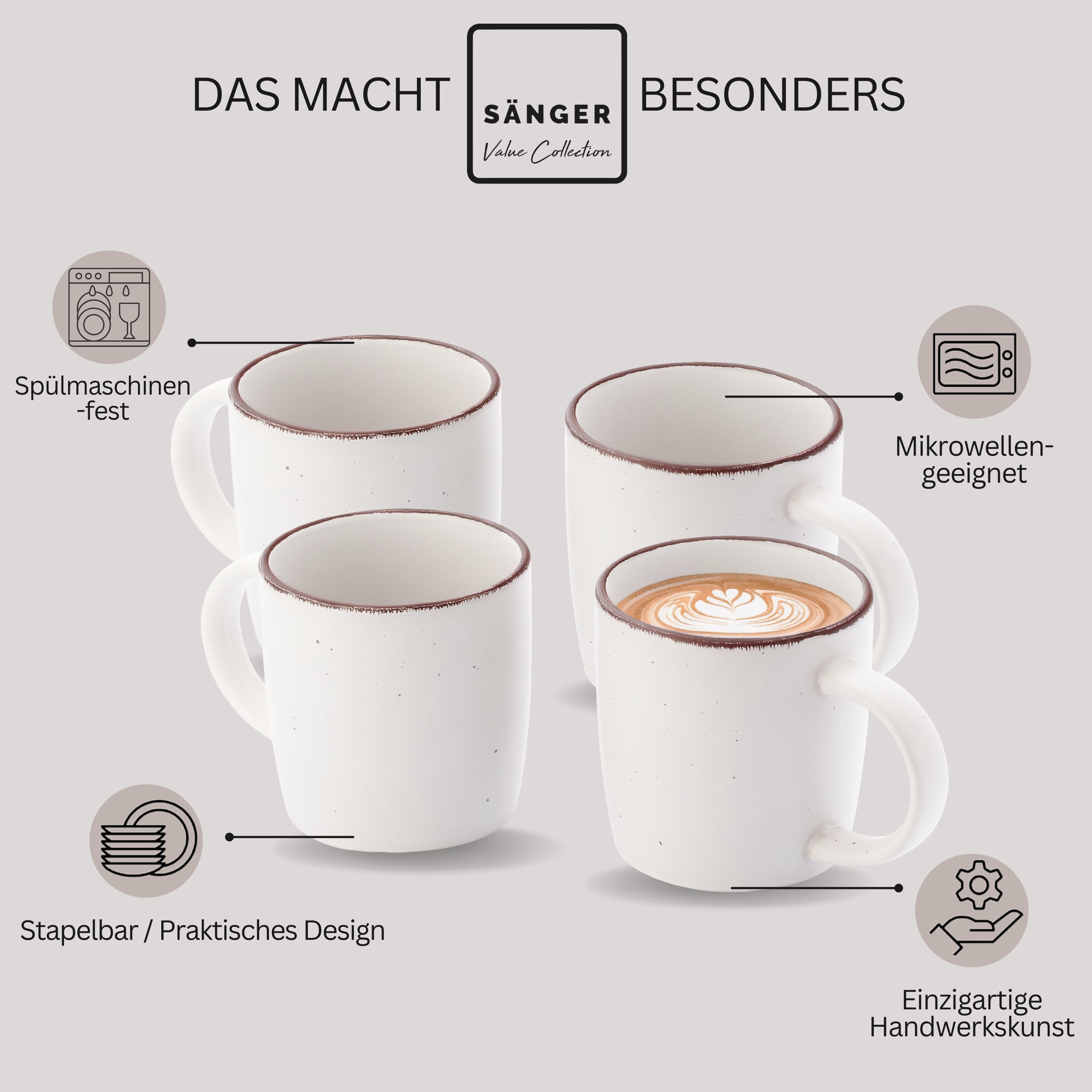 SÄNGER Steingut Kaffeebecher Bombay Ivory 4 teilig