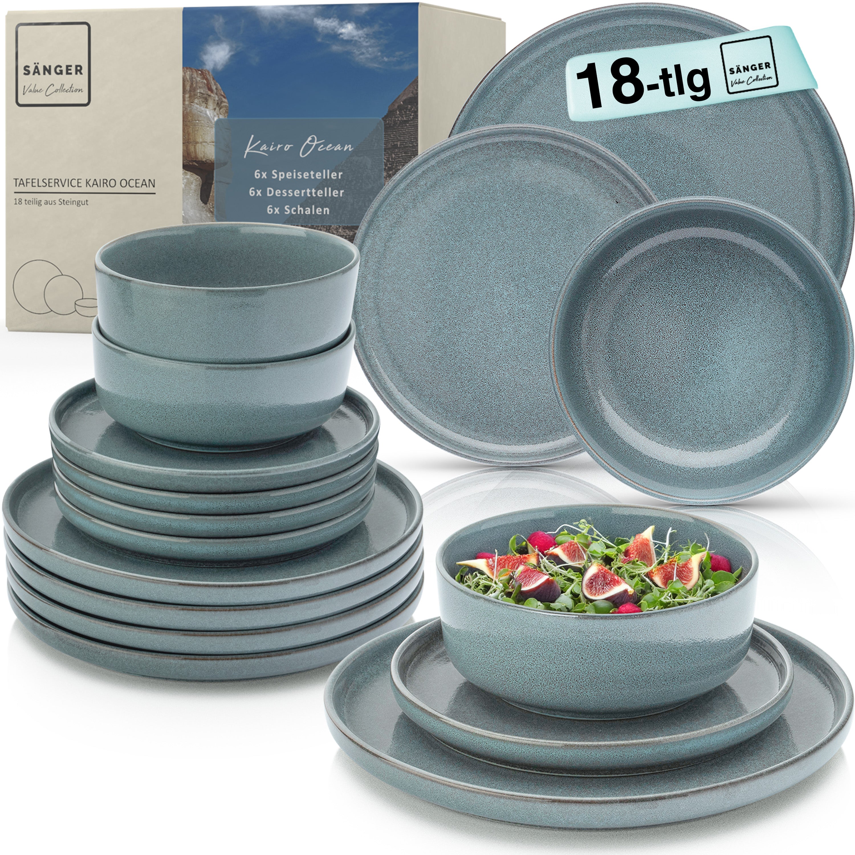 SÄNGER Steingut Geschirrset Kairo Ocean 18 teilig für 6 Personen